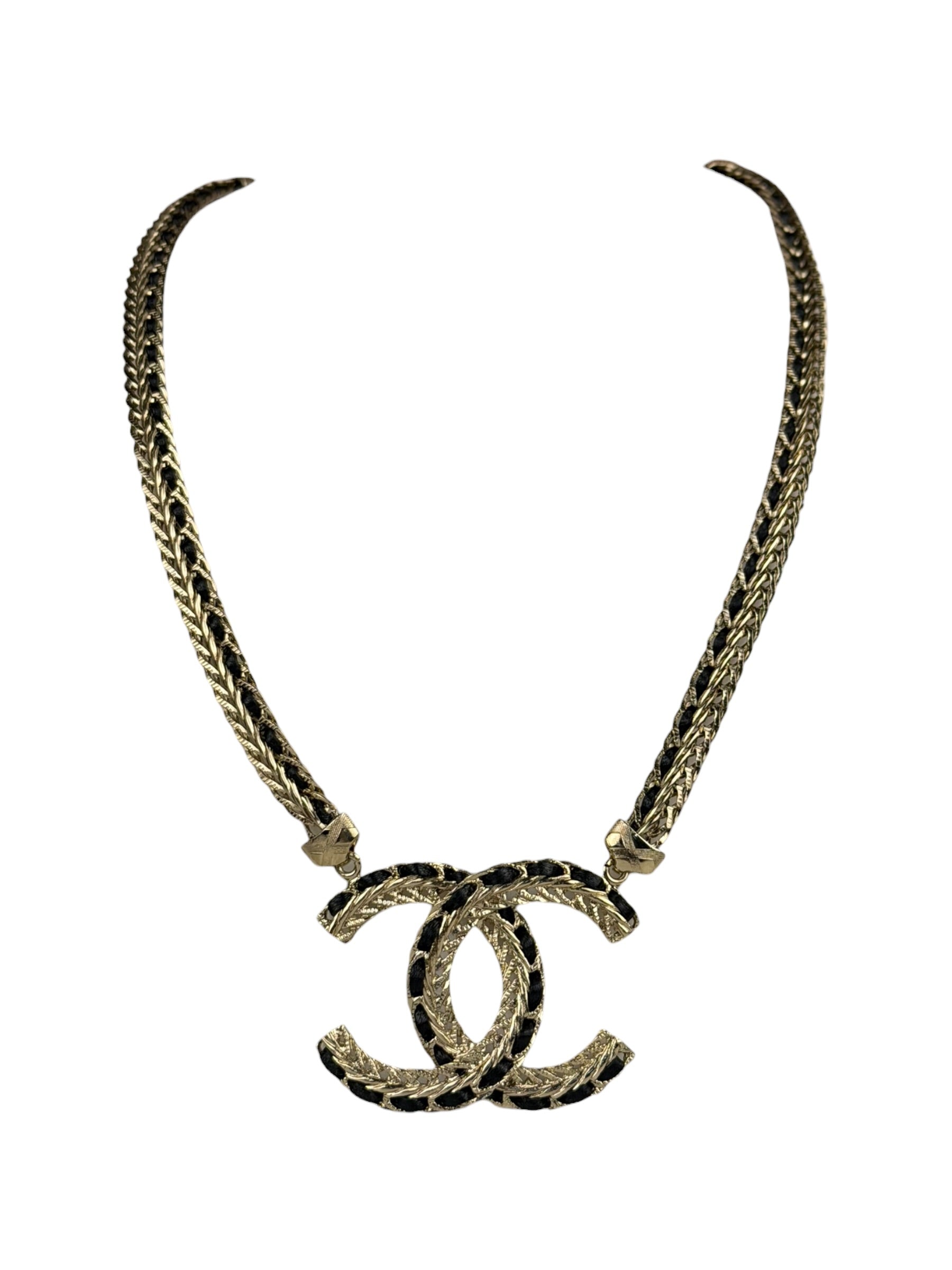 Chanel 22S Gold Metal/Black Leather Pendant Necklace