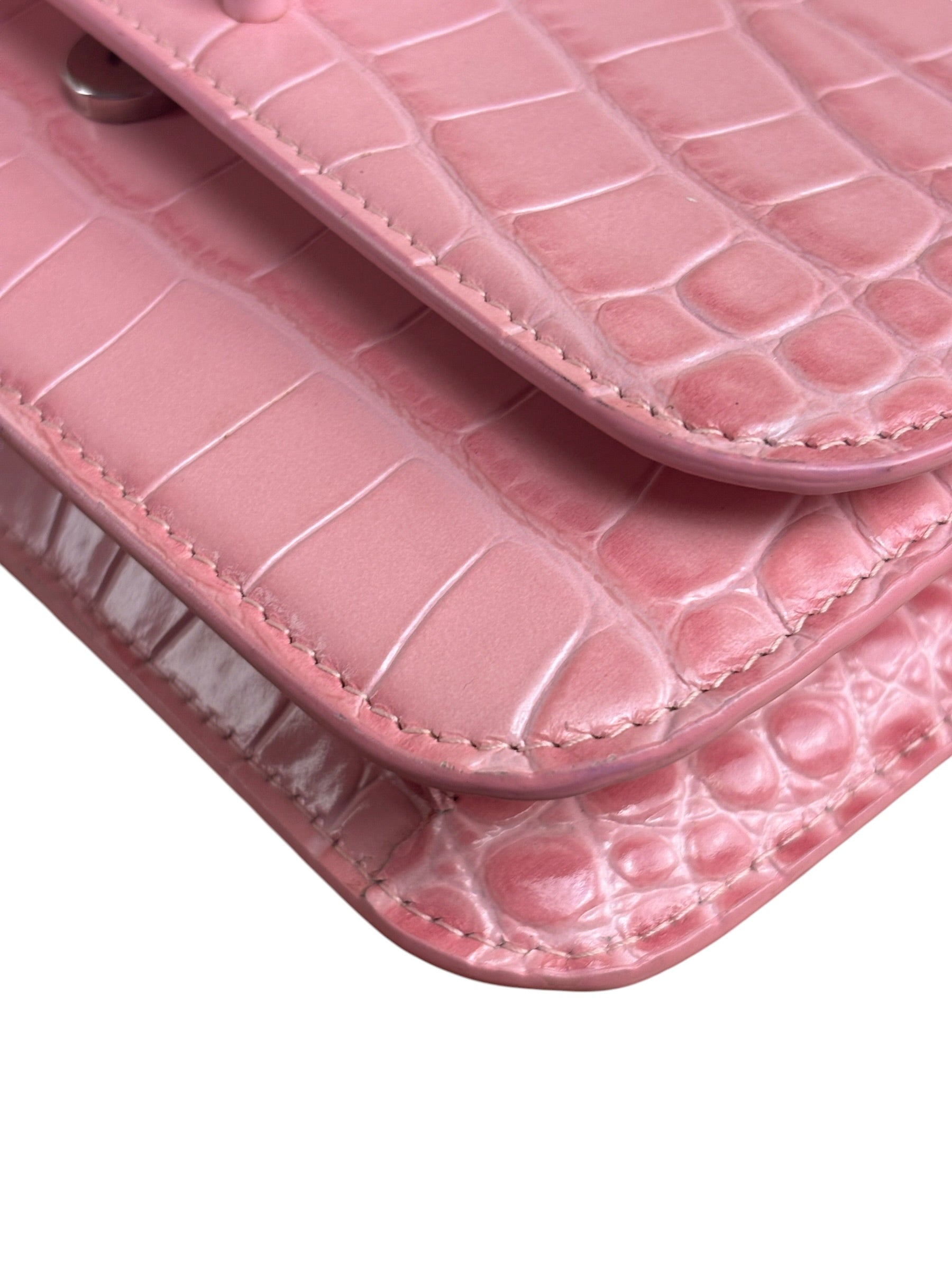 Balenciaga Pink Croc-Embossed Leather Chain B Wallet
