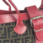 Fendi Beige/Red Leather Trim Zucca Buckle Tote