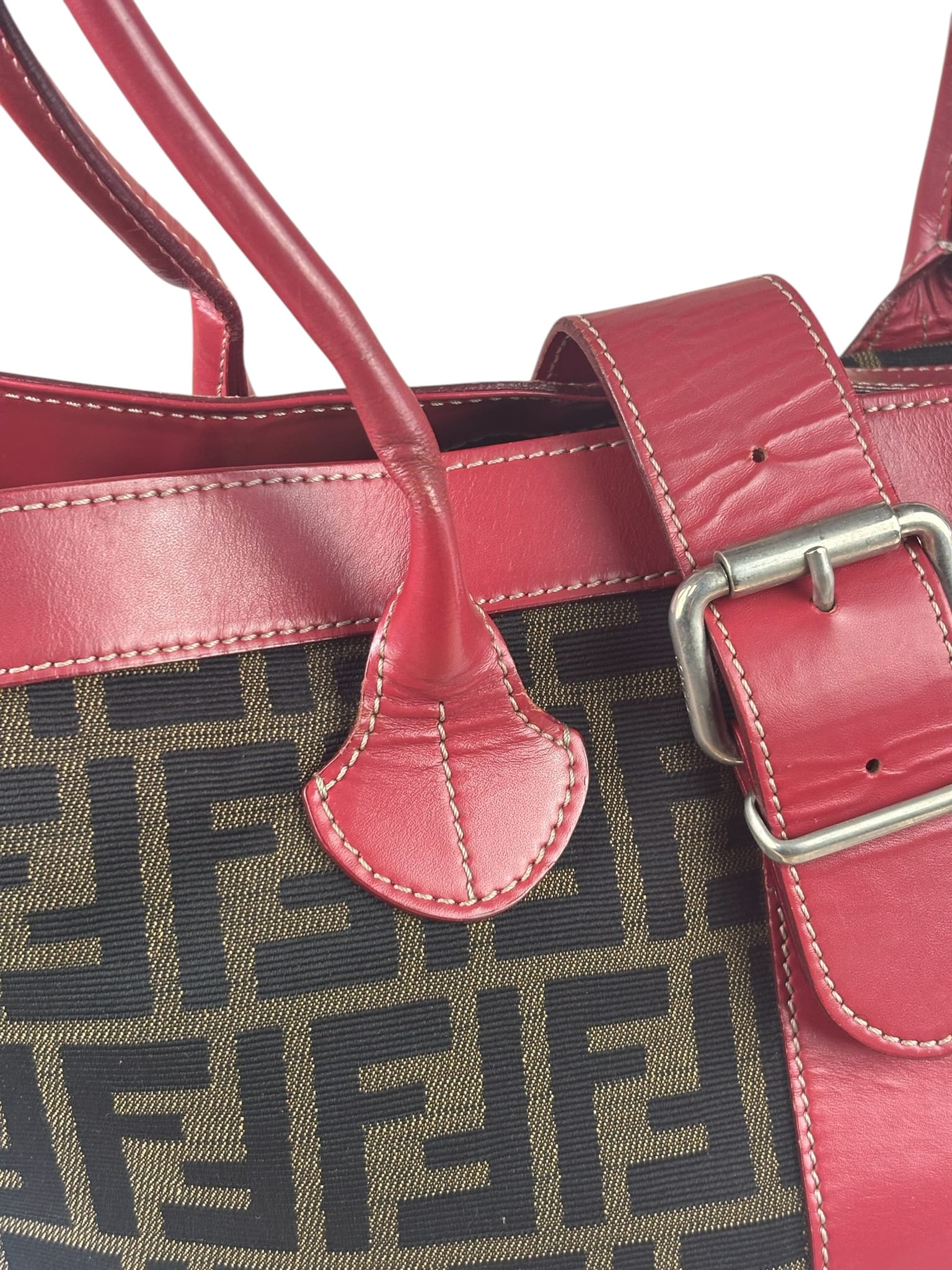 Fendi Beige/Red Leather Trim Zucca Buckle Tote