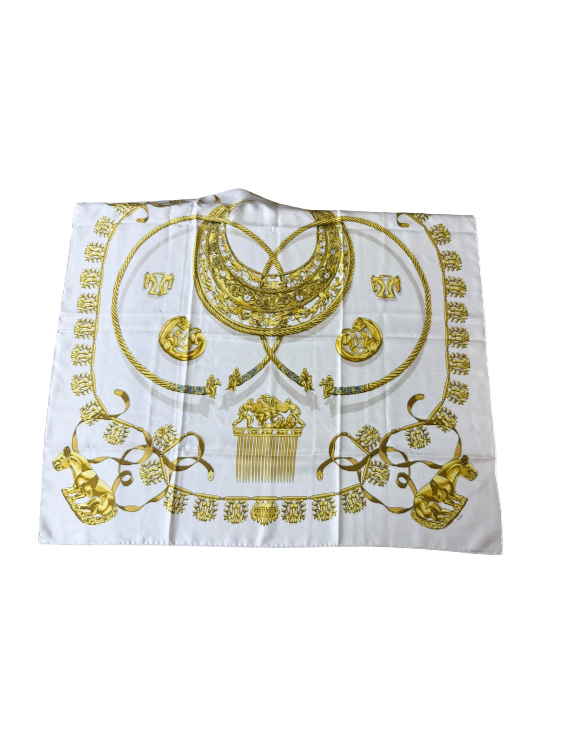 Hermes Ivory Gold Emblem Print Silk Scarf