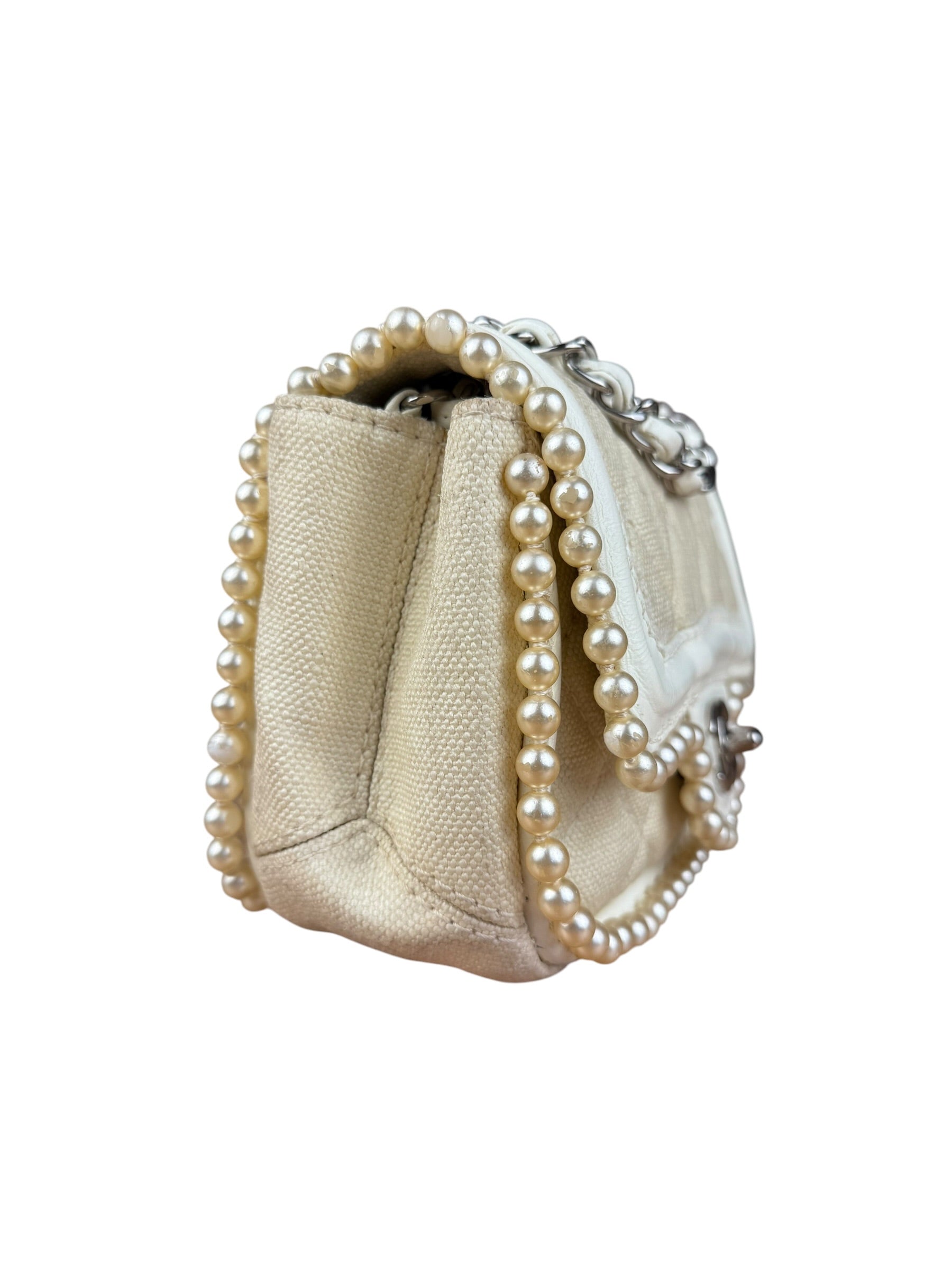 Chanel White Leather/Canvas Pearl Crossbody Flap 2003