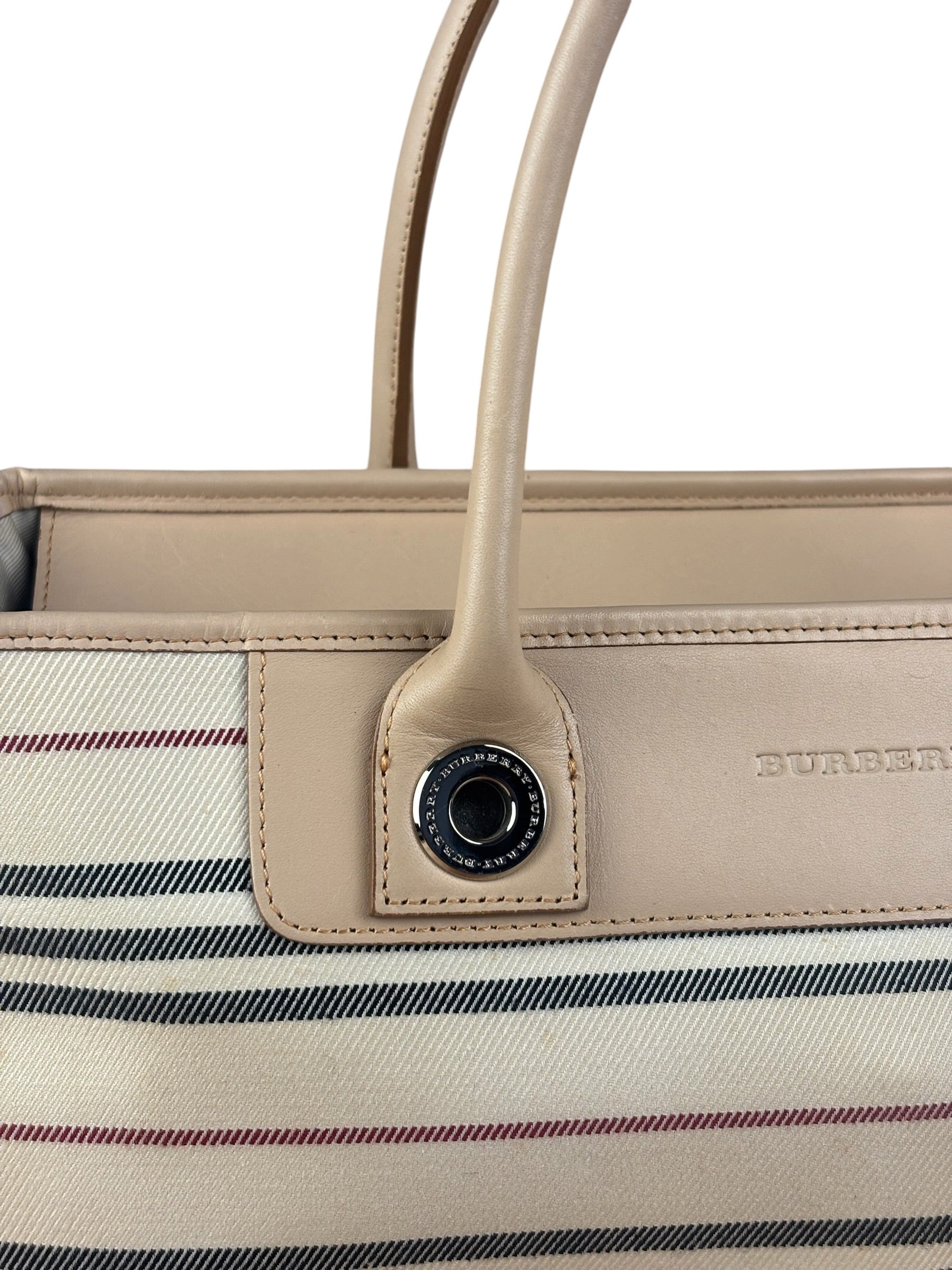 Burberry Multi-Color Leather Trim Striped Canvas Tote Bag
