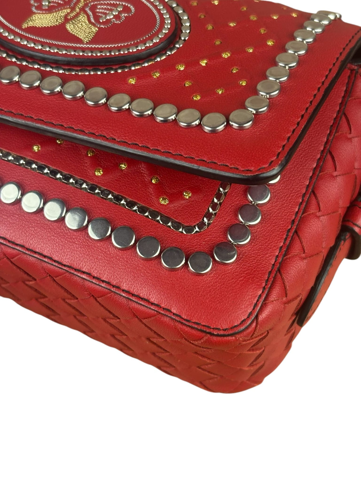 Bottega Veneta Red Leather Studded Intrecciato Flap Crossbody Bag