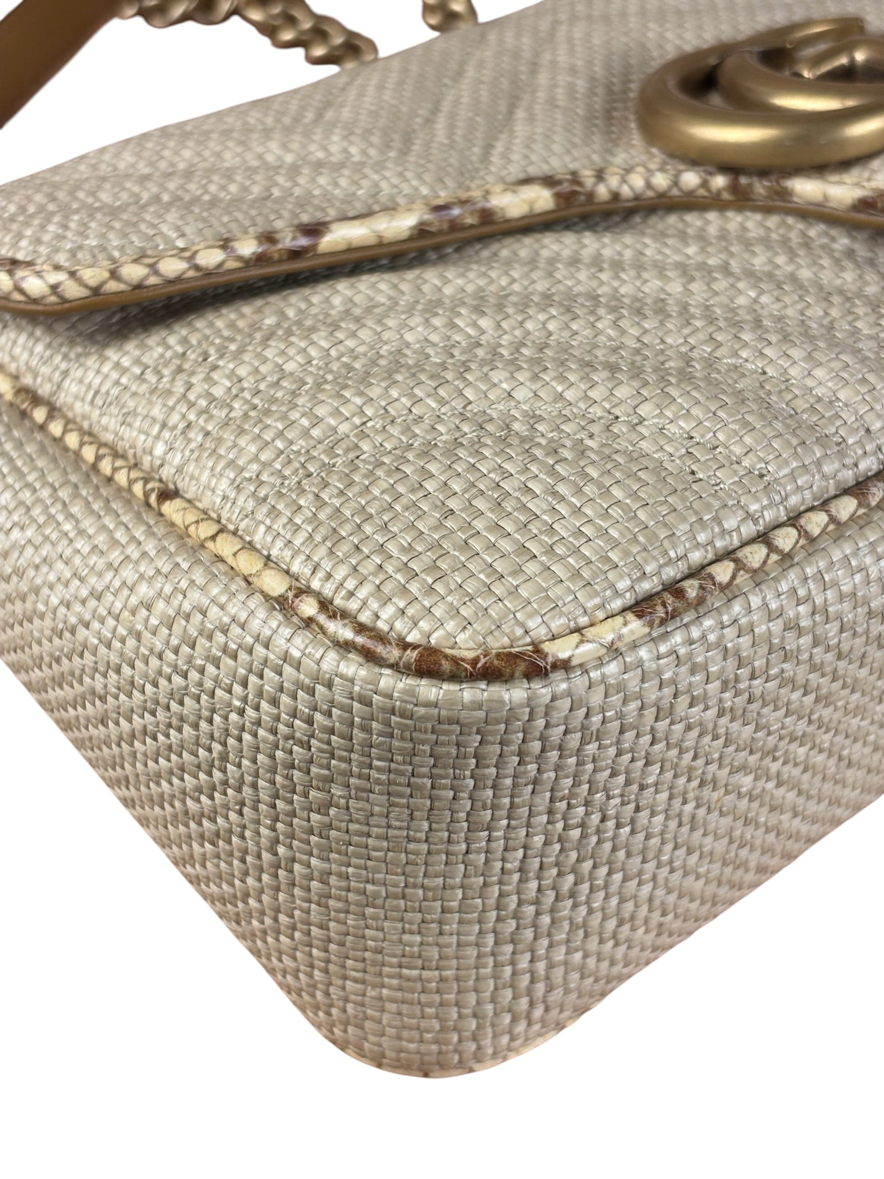 Gucci GG Beige Raffia Marmont Snakeskin Trim Flap Bag