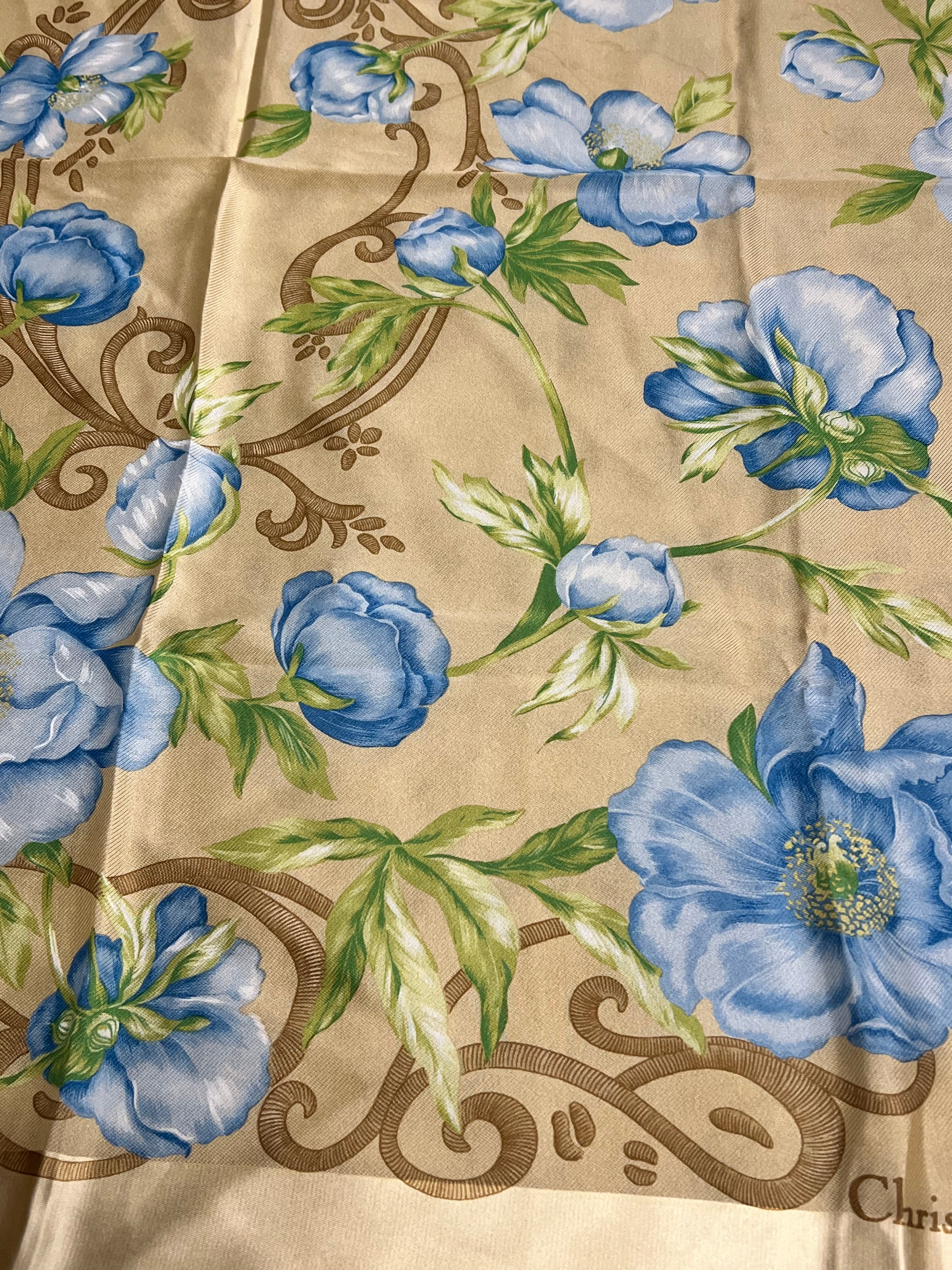 Christian Dior Beige/Blue Floral Silk Scarf
