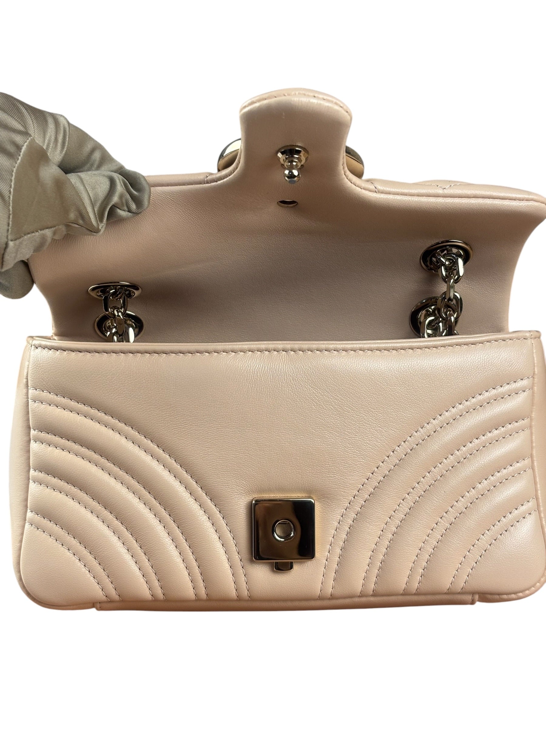 Gucci Pink Beige Leather Marmont Matelasse Small Shoulder Bag