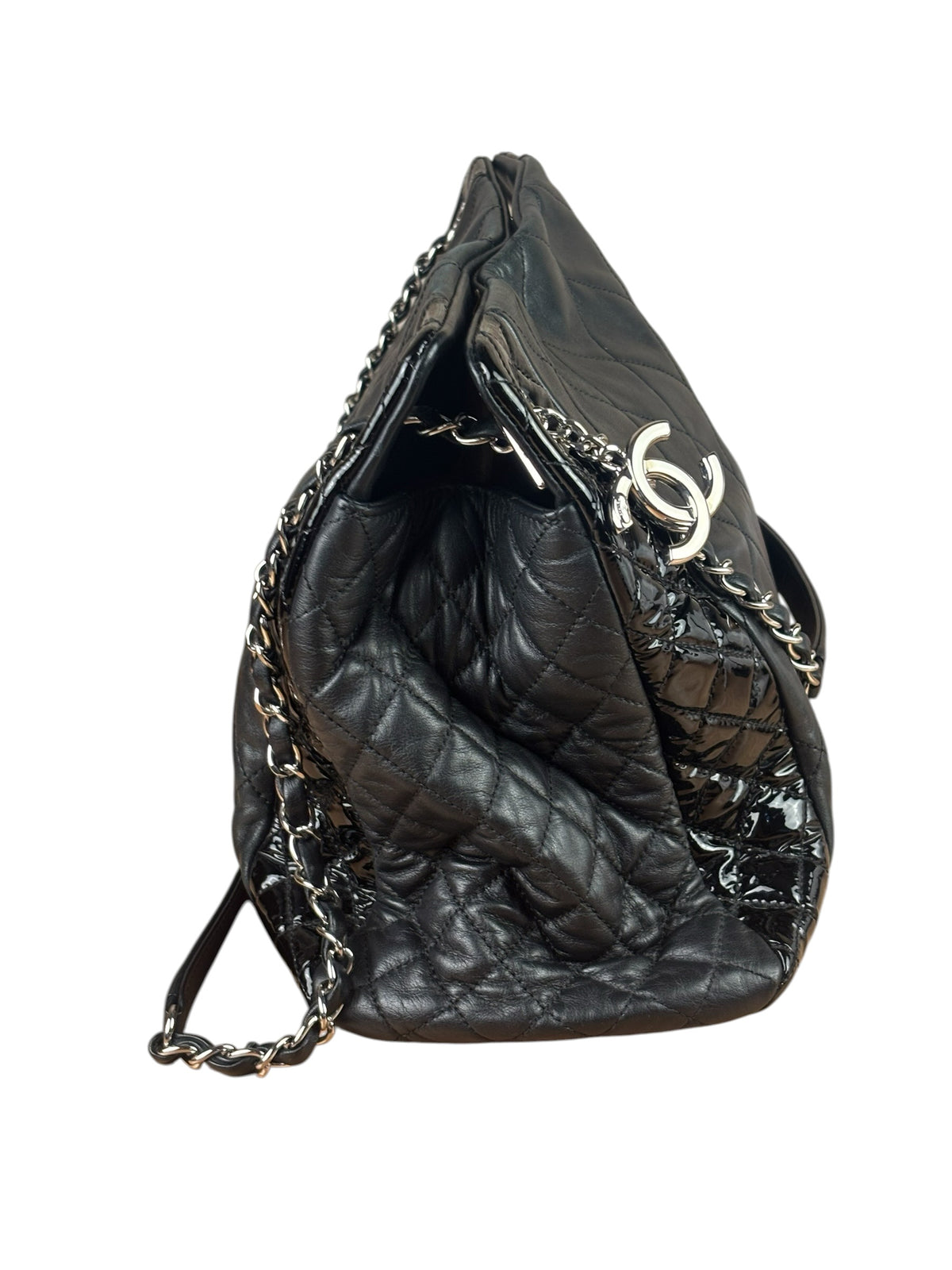 Chanel Black Quilted Patent Lambskin Trim Tote 2014