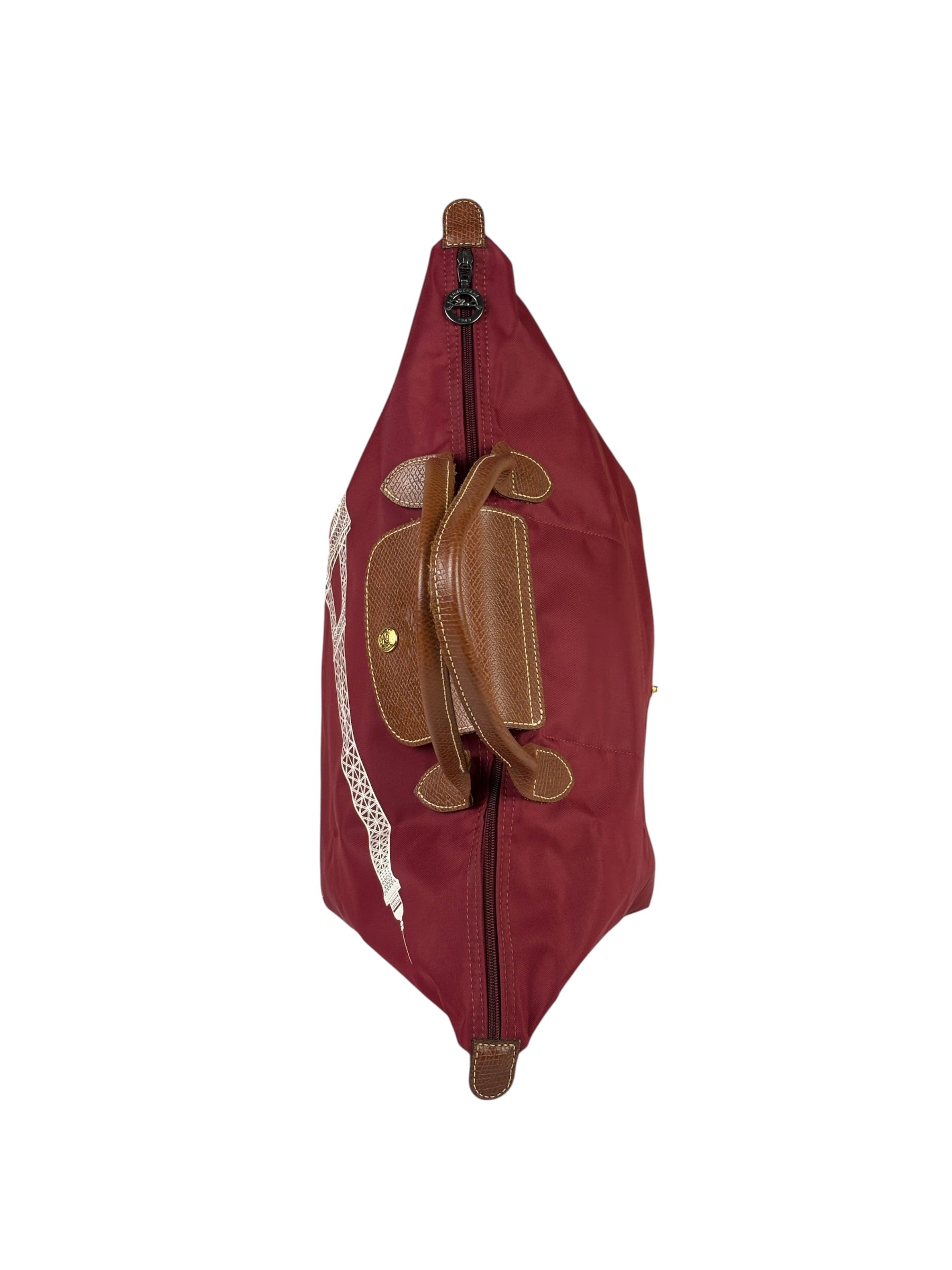 Longchamp Red Leather Trim Le Pliage Paris Eiffel Tower Tote Bag