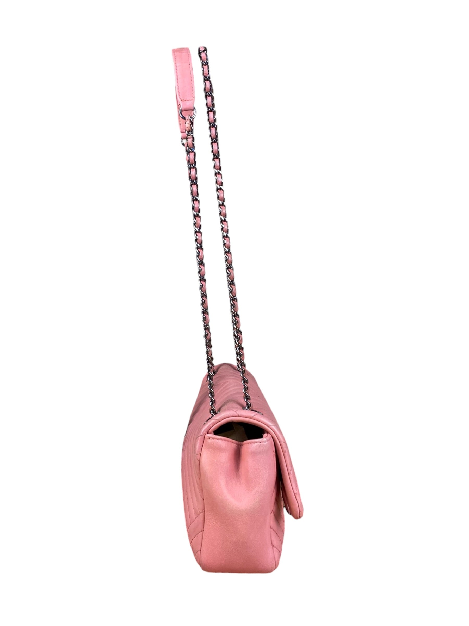 Chanel Pink Chevron Lambskin Flap Bag 2015