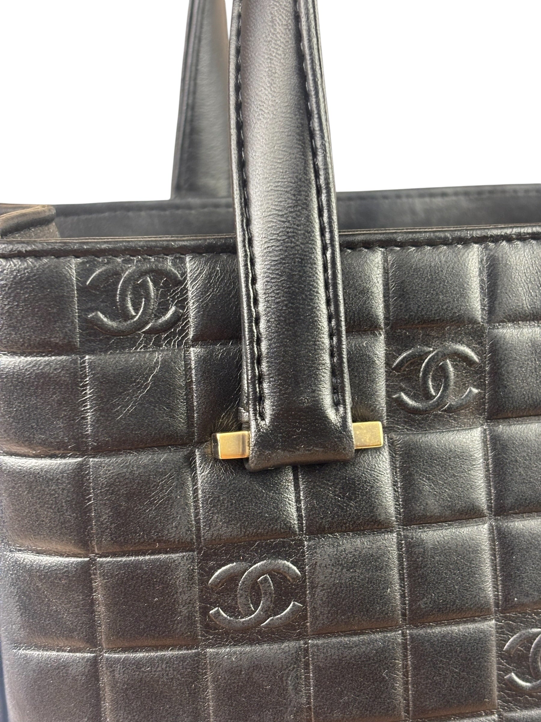 Chanel Vintage Black Leather Chocolate Bar Tote Bag 1992