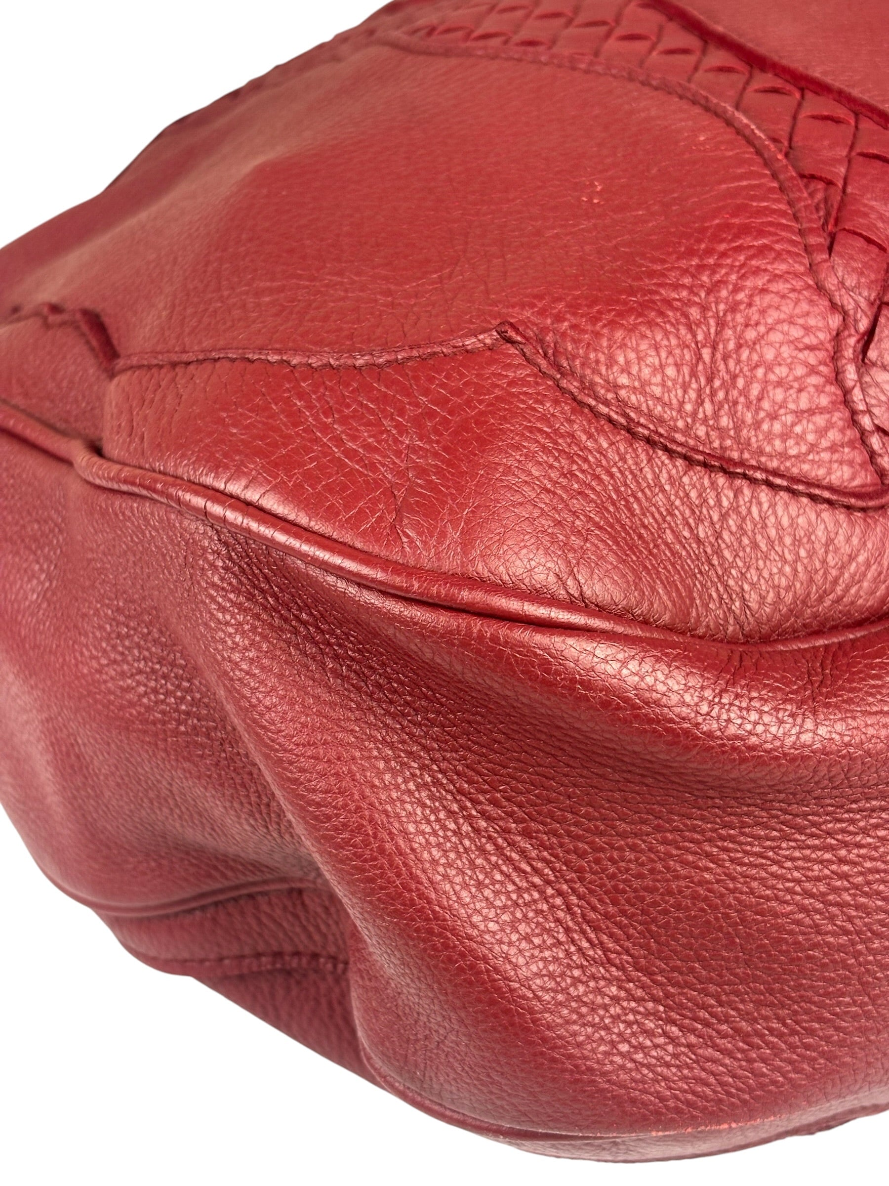 Bottega Veneta Red Leather Intrecciato Trim Hobo Bag