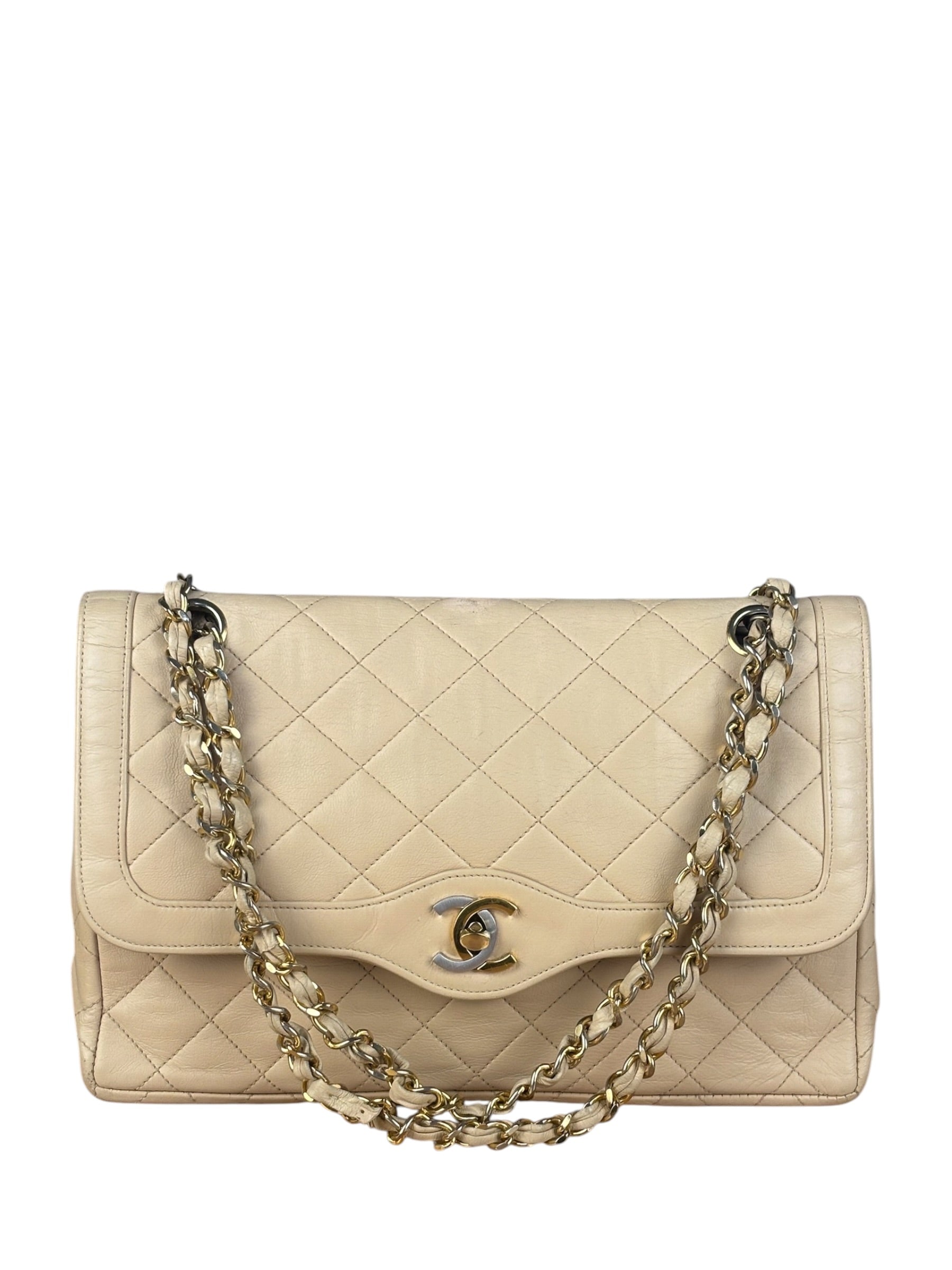 Chanel Beige Quilted CC Vintage Double Flap Bag 90s