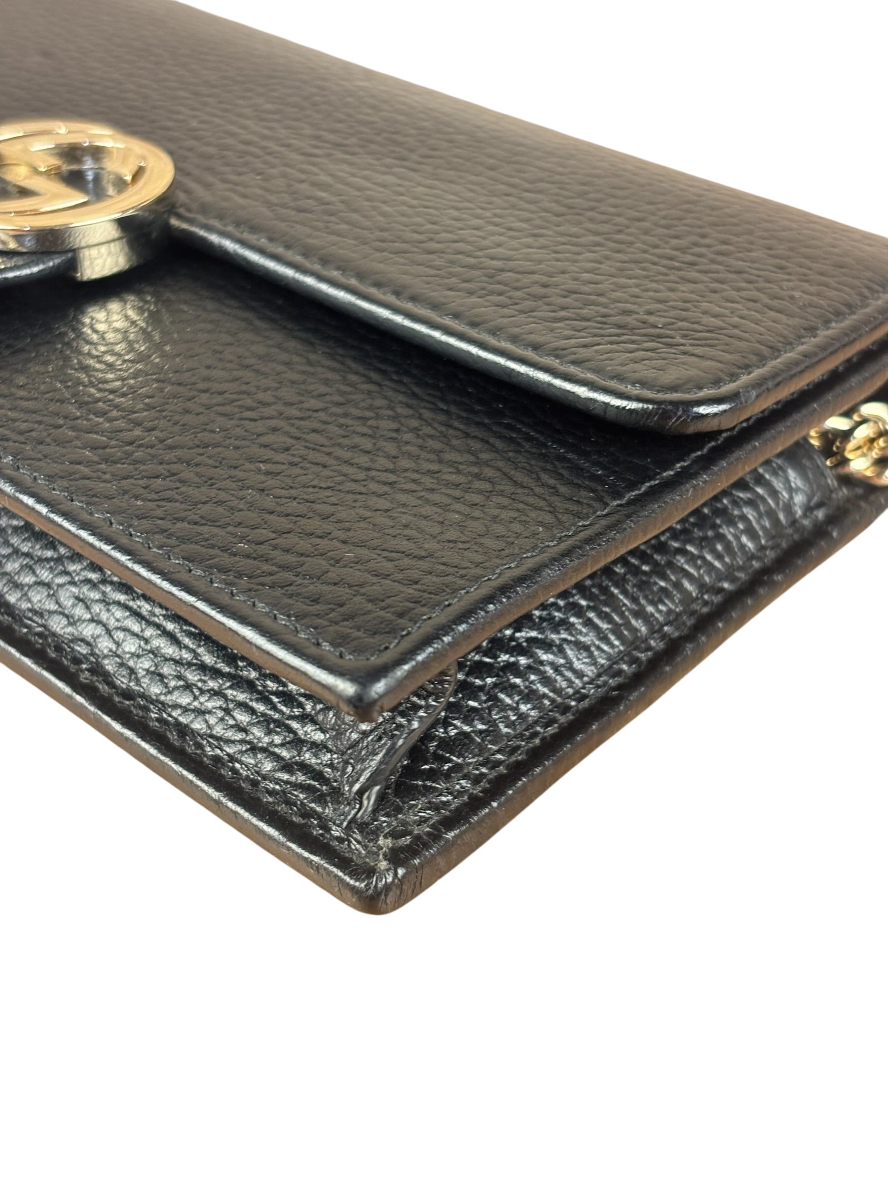 Gucci Black Interlocking G Leather Wallet on Chain