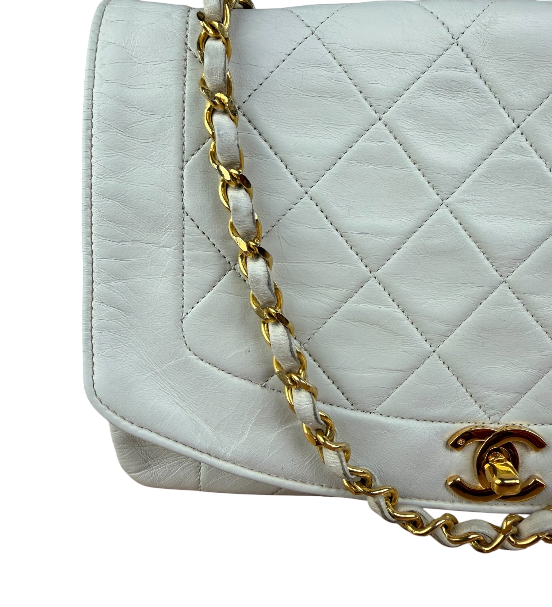 Chanel Vintage White Leather Diana Flap Shoulder Bag 1989