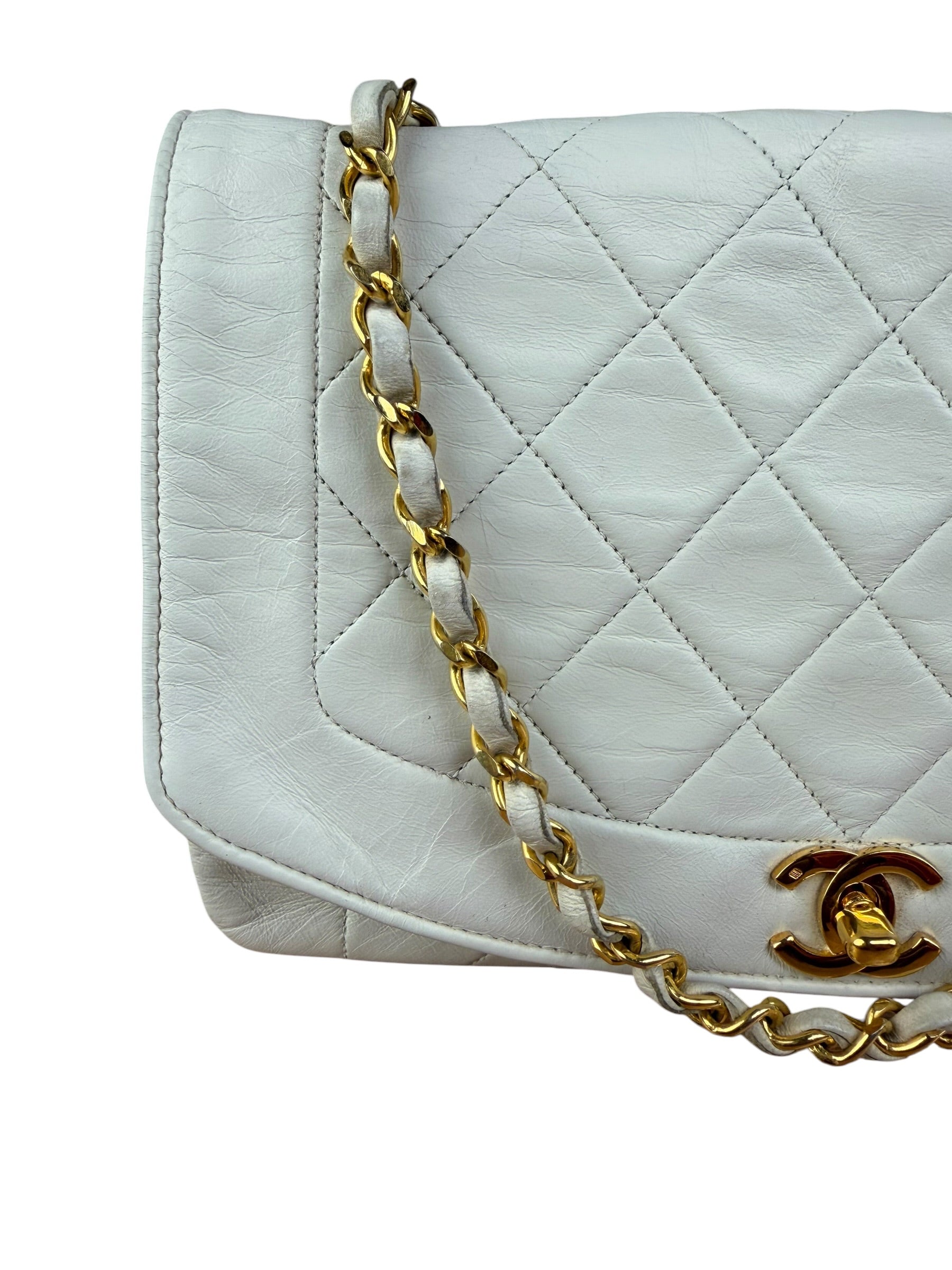 Chanel Vintage White Leather Diana Flap Shoulder Bag 1989
