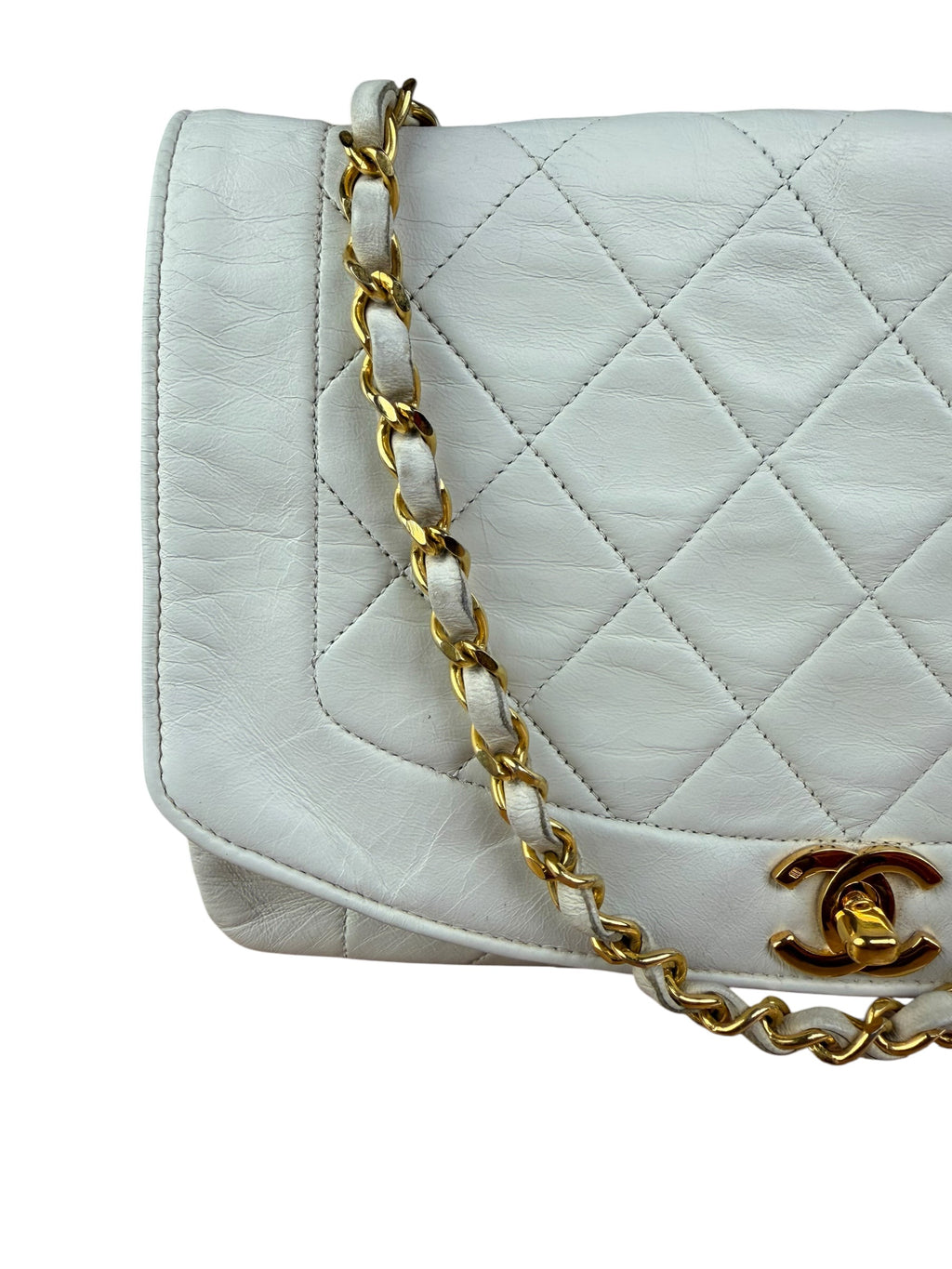 Chanel Vintage White Leather Diana Flap Shoulder Bag 1989