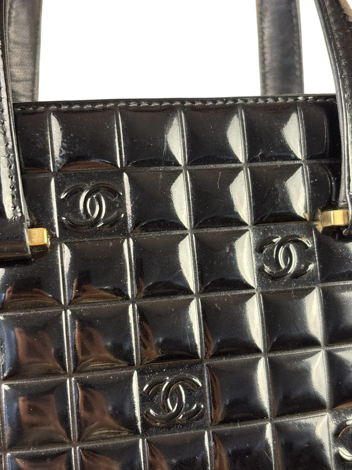 Chanel Black Patent Leather Chocolate Bar Tote Early 2000's