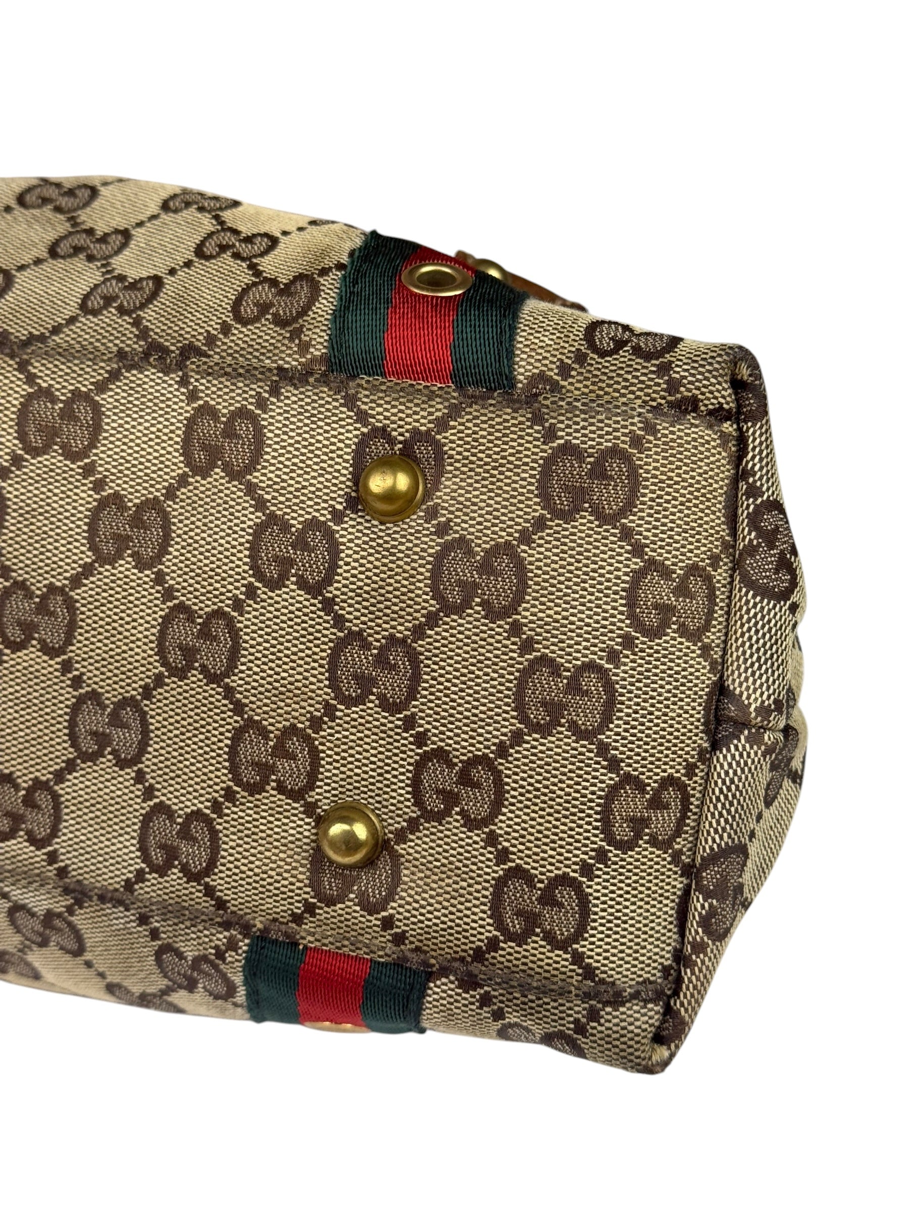 Gucci Vintage Brown Leather Trim Grommet Web Shoulder Bag