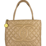 Chanel Vintage Beige Leather Diamond Quilted Medallion Tote Bag 2002