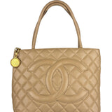 Chanel Vintage Beige Leather Diamond Quilted Medallion Tote Bag 2002