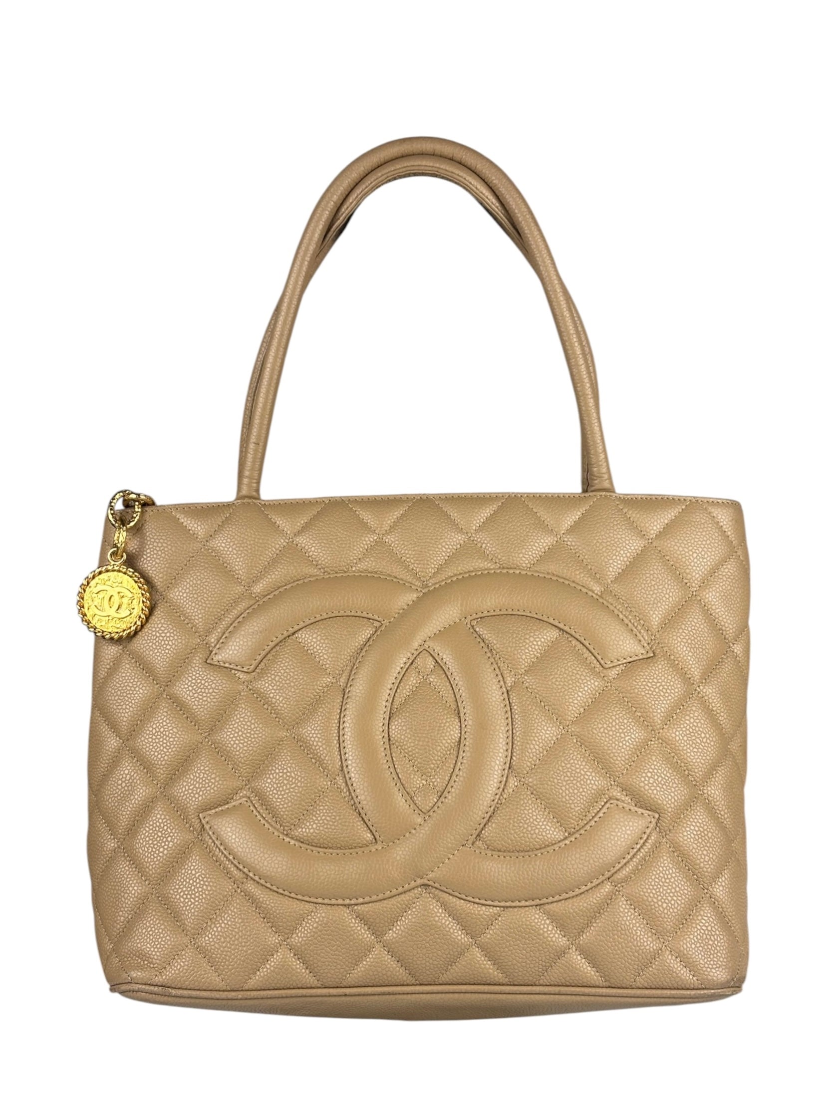 Chanel Vintage Beige Leather Diamond Quilted Medallion Tote Bag 2002