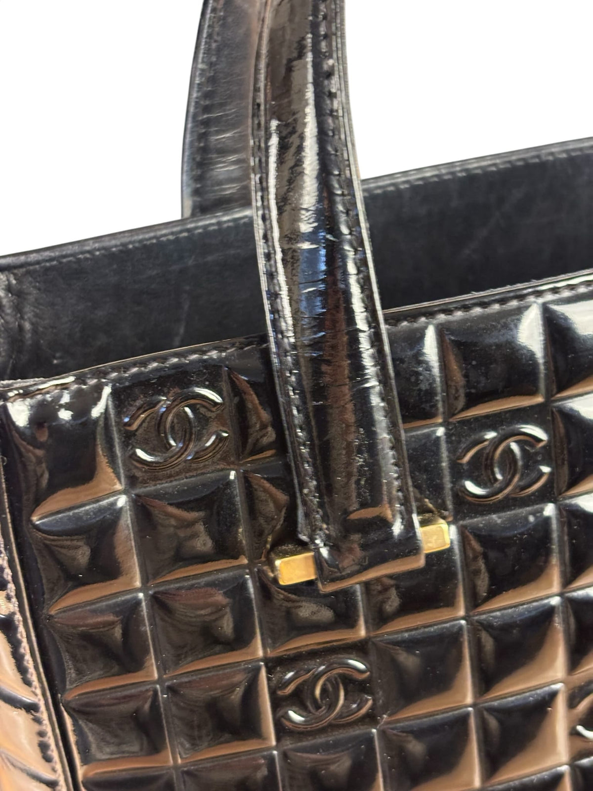 Chanel Black Patent Leather Chocolate Bar Tote Early 2000's