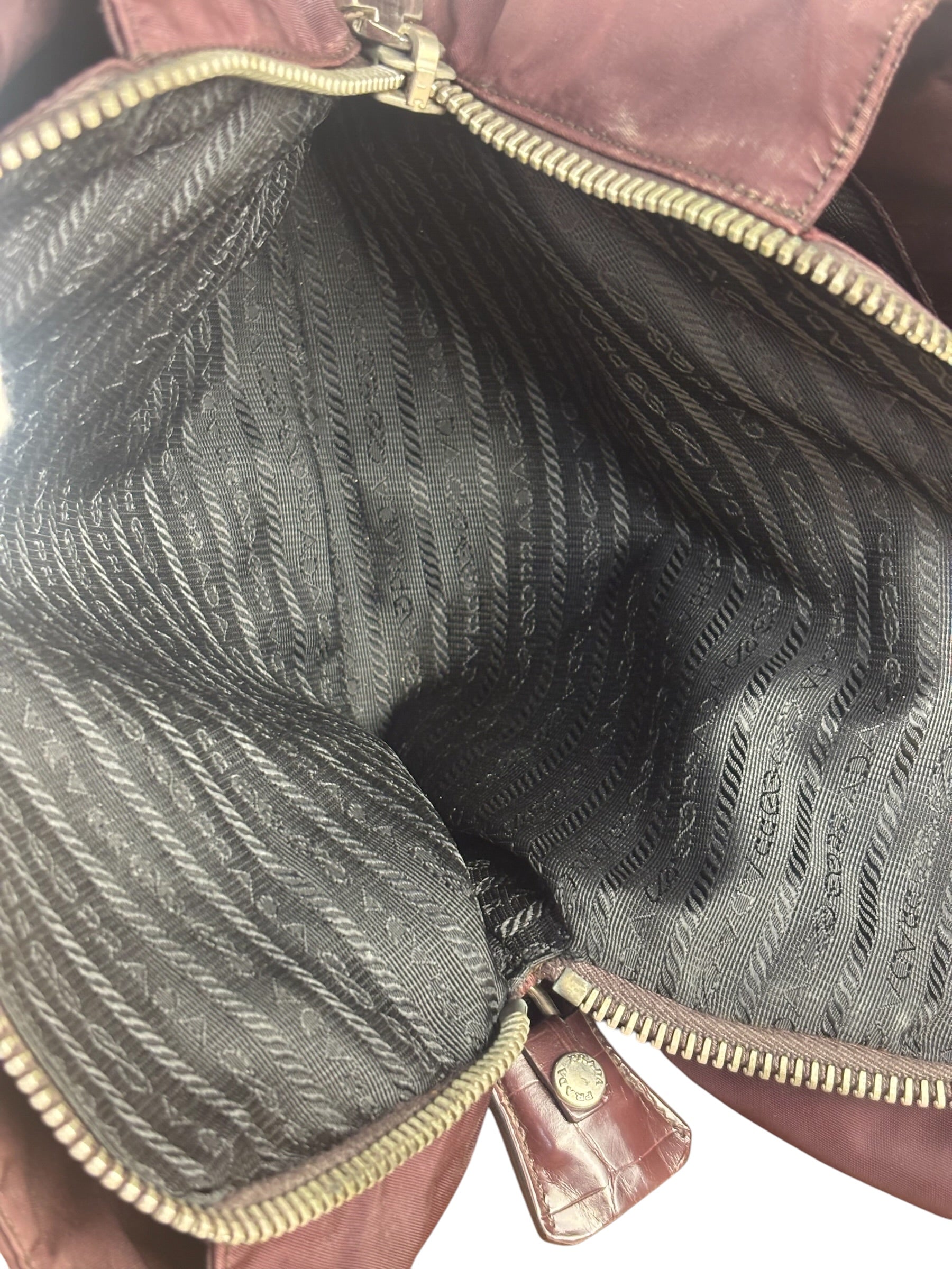 Prada Vintage Plum Nylon Leather Embossed Handbag
