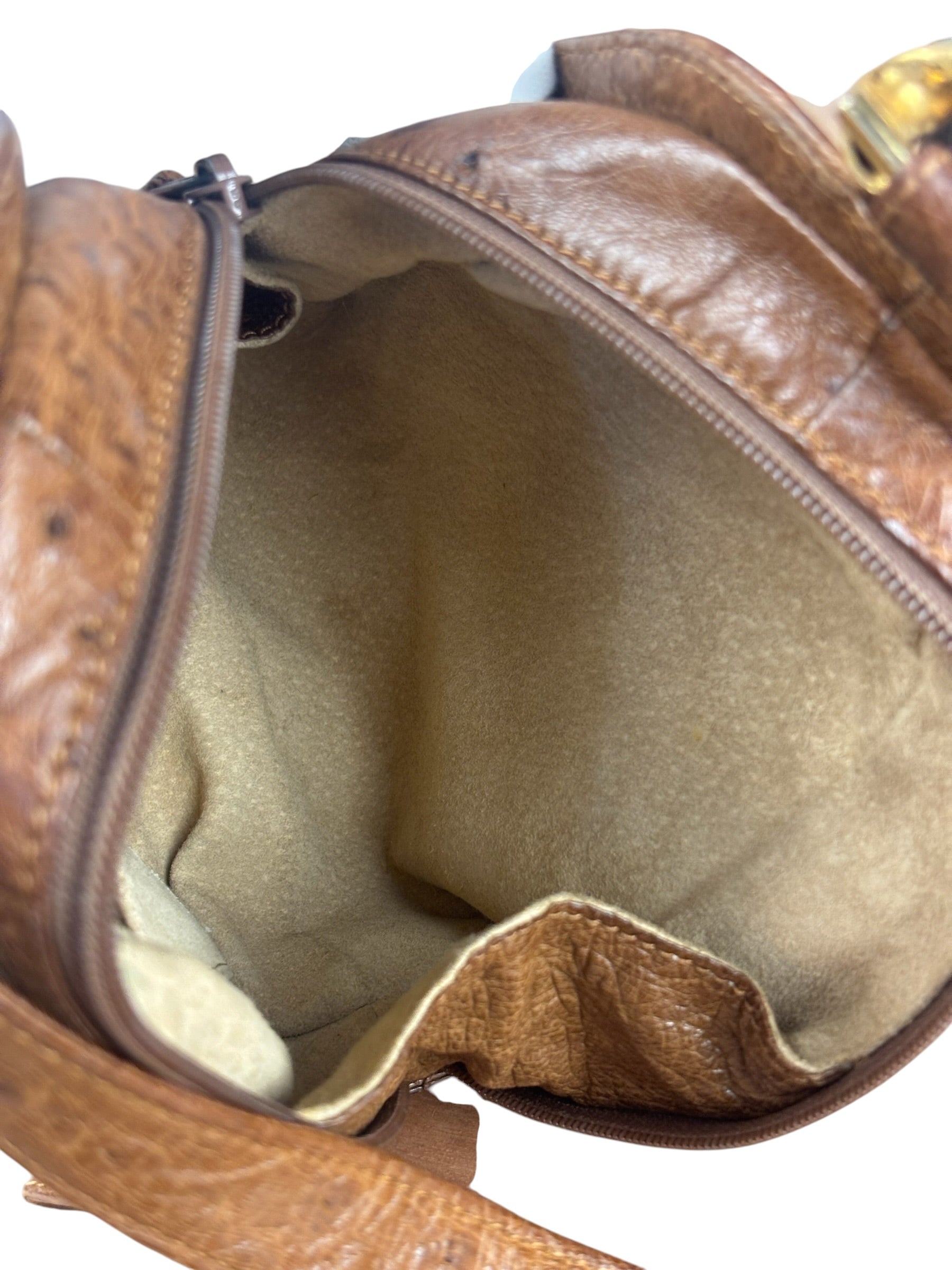 Loewe Vintage Brown Ostrich Print Leather Triangular Shoulder Bag