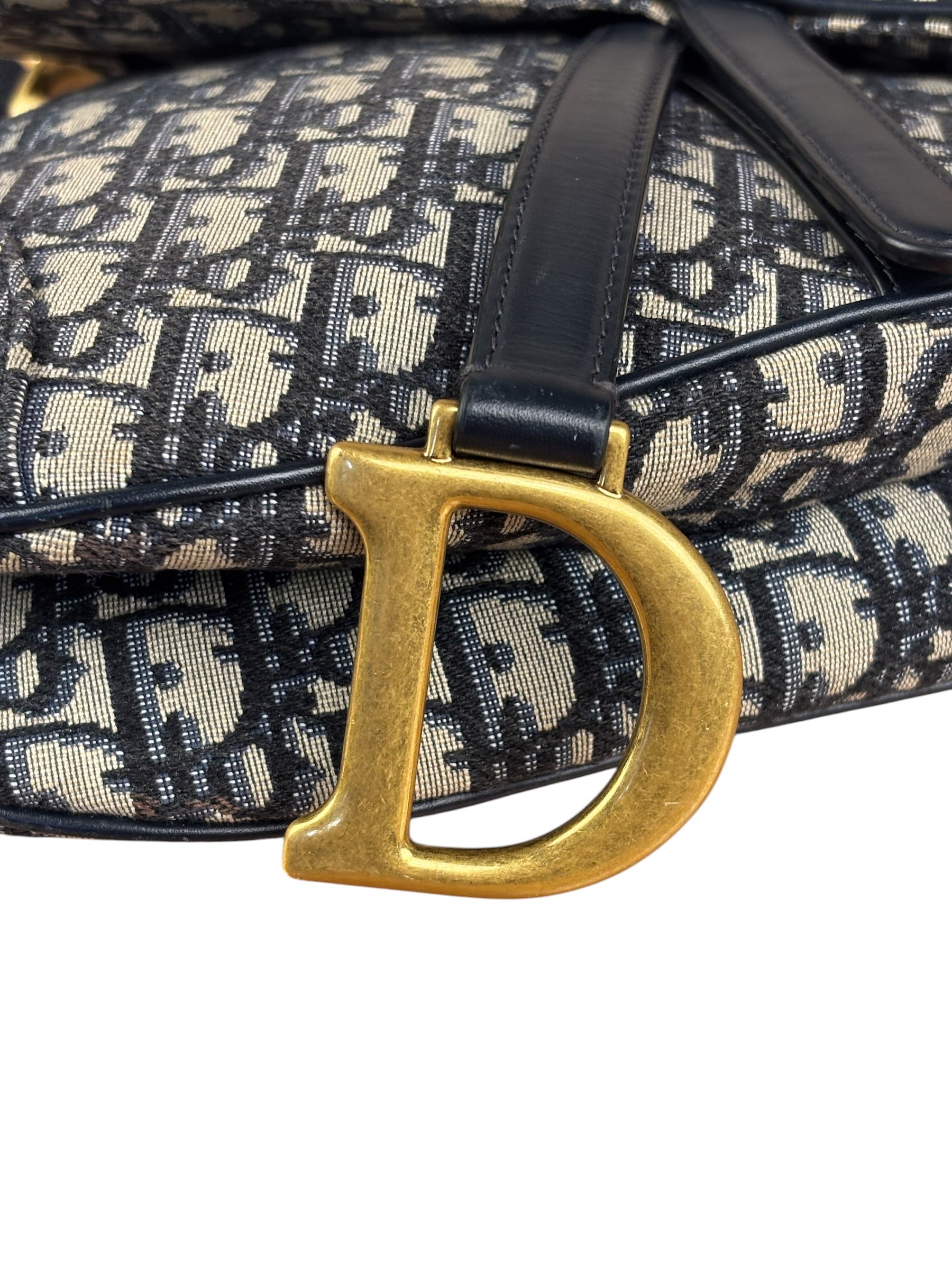 Christian Dior Navy Leather Trim Trotter Saddle Two-Way Bag