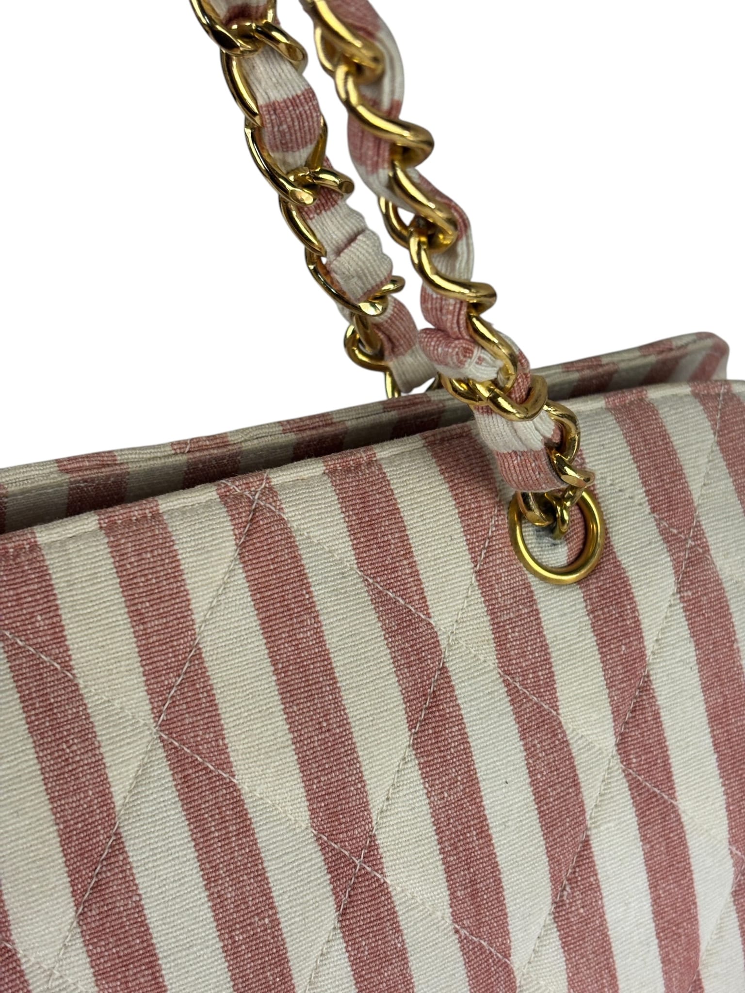 Chanel Vintage Pink/Cream Denim Maxi Stripped Tote 1994
