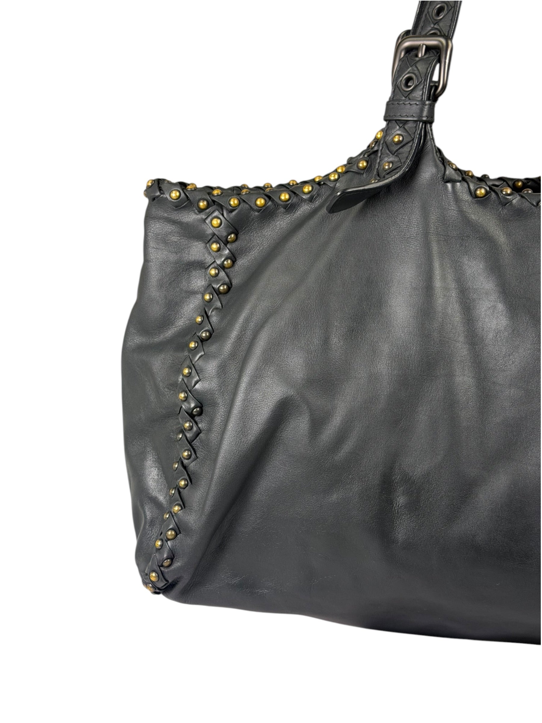 Bottega Veneta Dark Grey Leather Studded Shoulder Bag