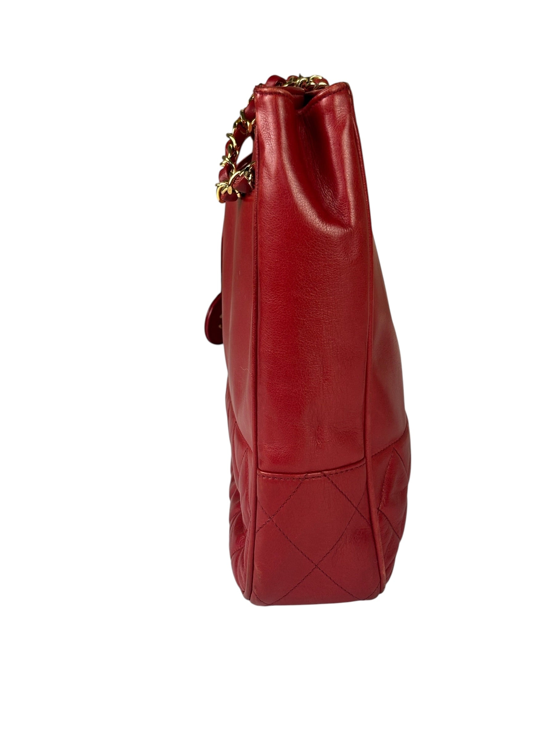 Chanel Red Quilted Lambskin Chain Tote Bag 1990