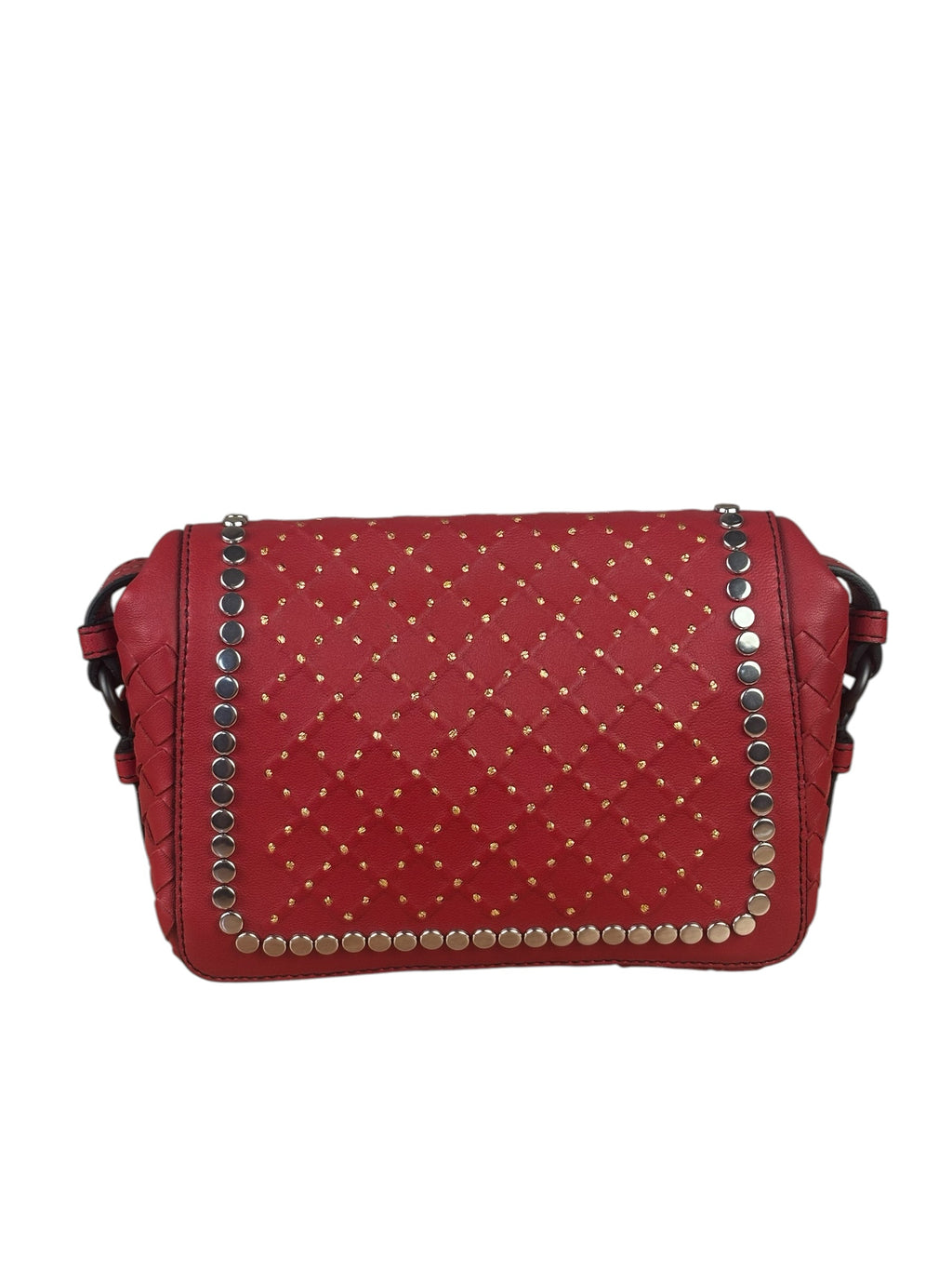 Bottega Veneta Red Leather Studded Intrecciato Flap Crossbody Bag