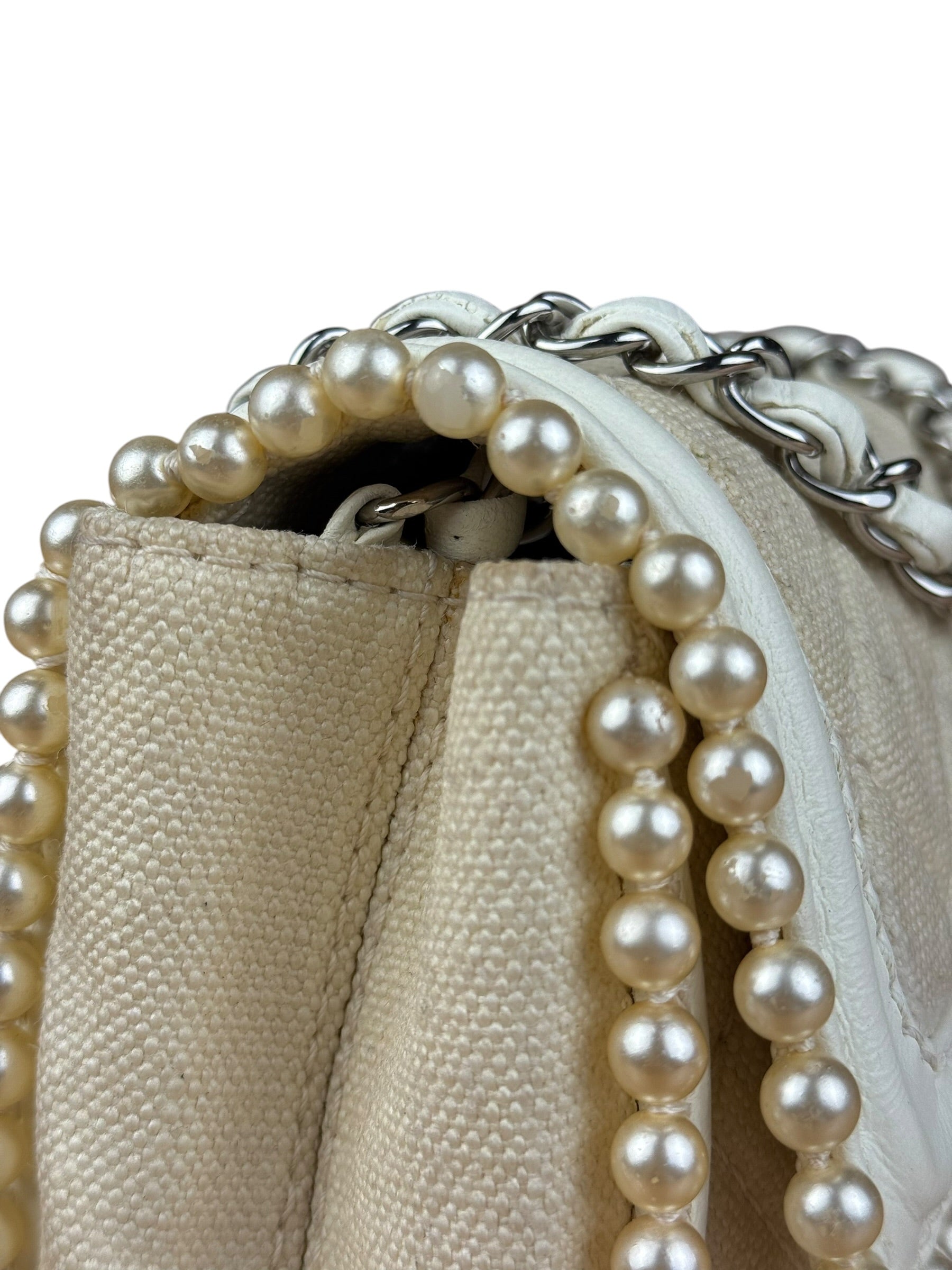 Chanel White Leather/Canvas Pearl Crossbody Flap 2003