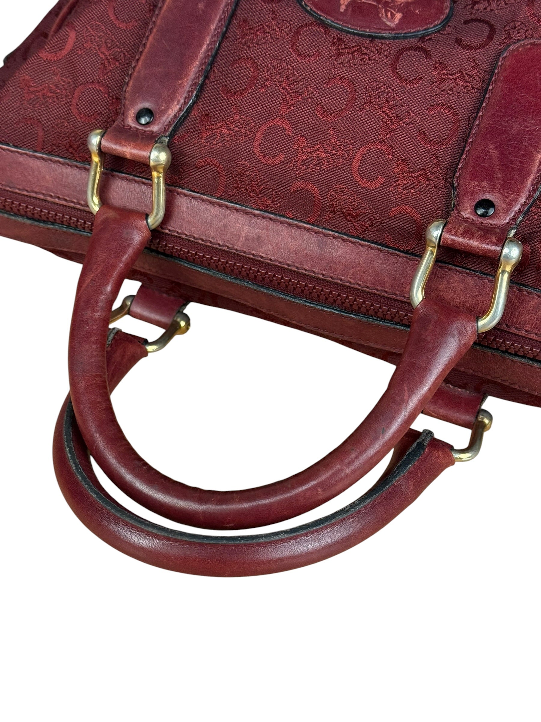 Celine Vintage Burgundy Macadam Print Mini Boston Handbag