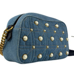 Gucci Blue Denim GG Marmont Pearl Camera Bag