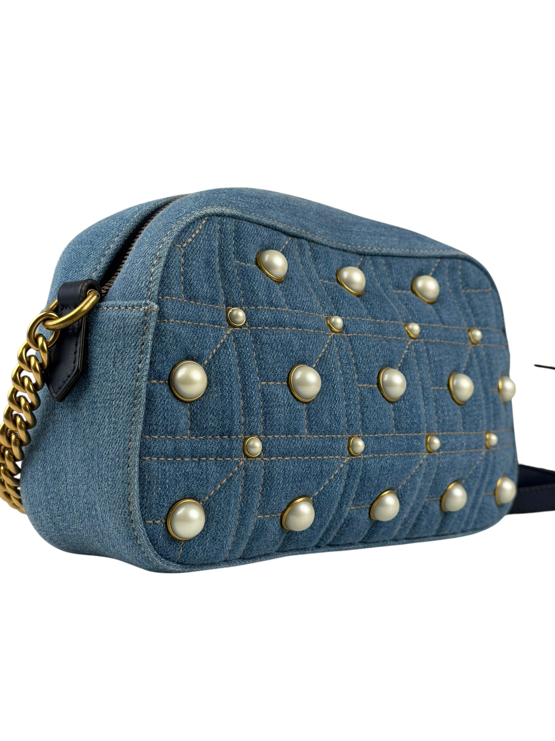 Gucci Blue Denim GG Marmont Pearl Camera Bag