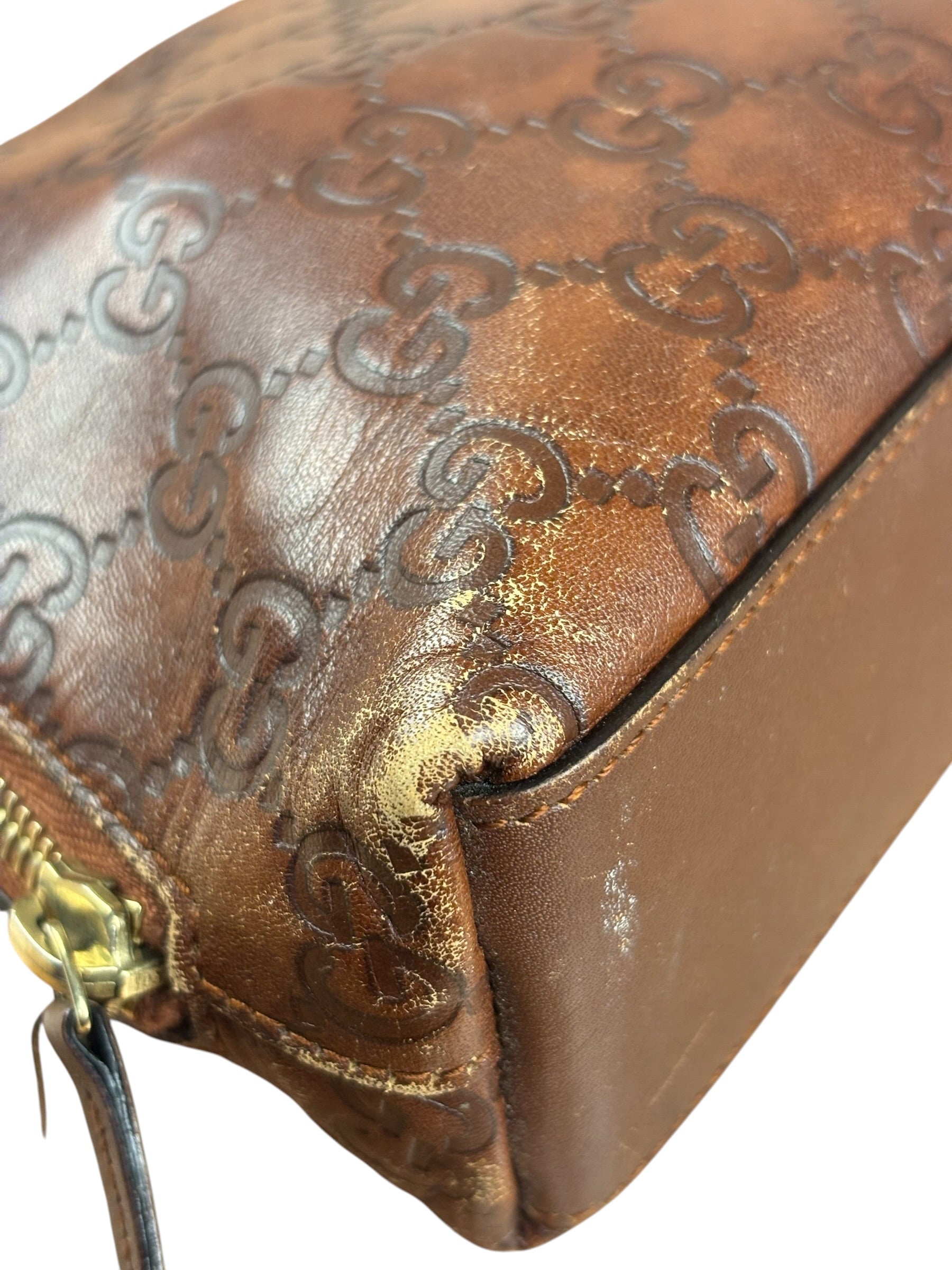 Gucci Vintage Brown Leather GG Zip Pouch