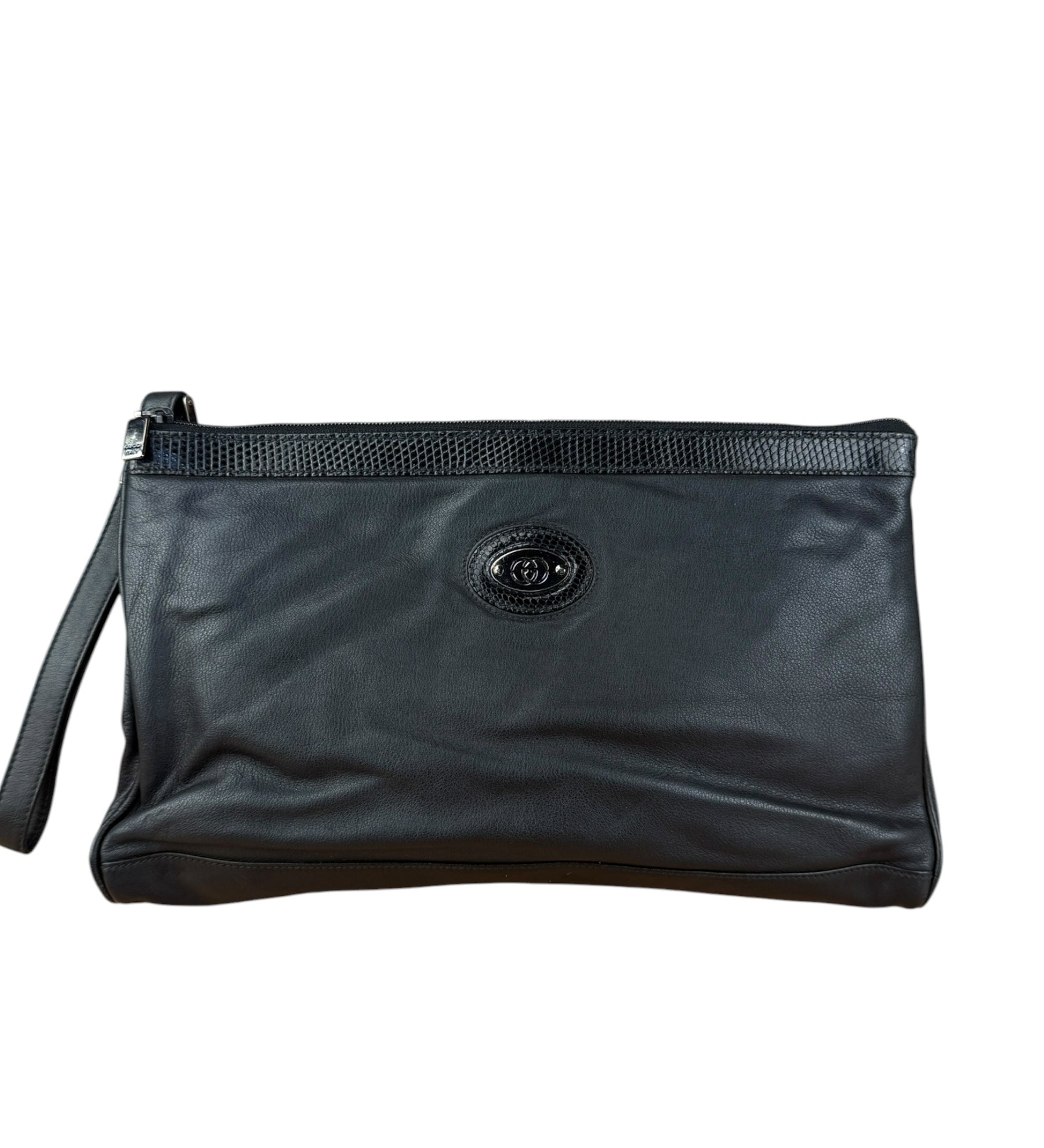 Gucci Black Vintage Leather Double Zip Clutch Pouch