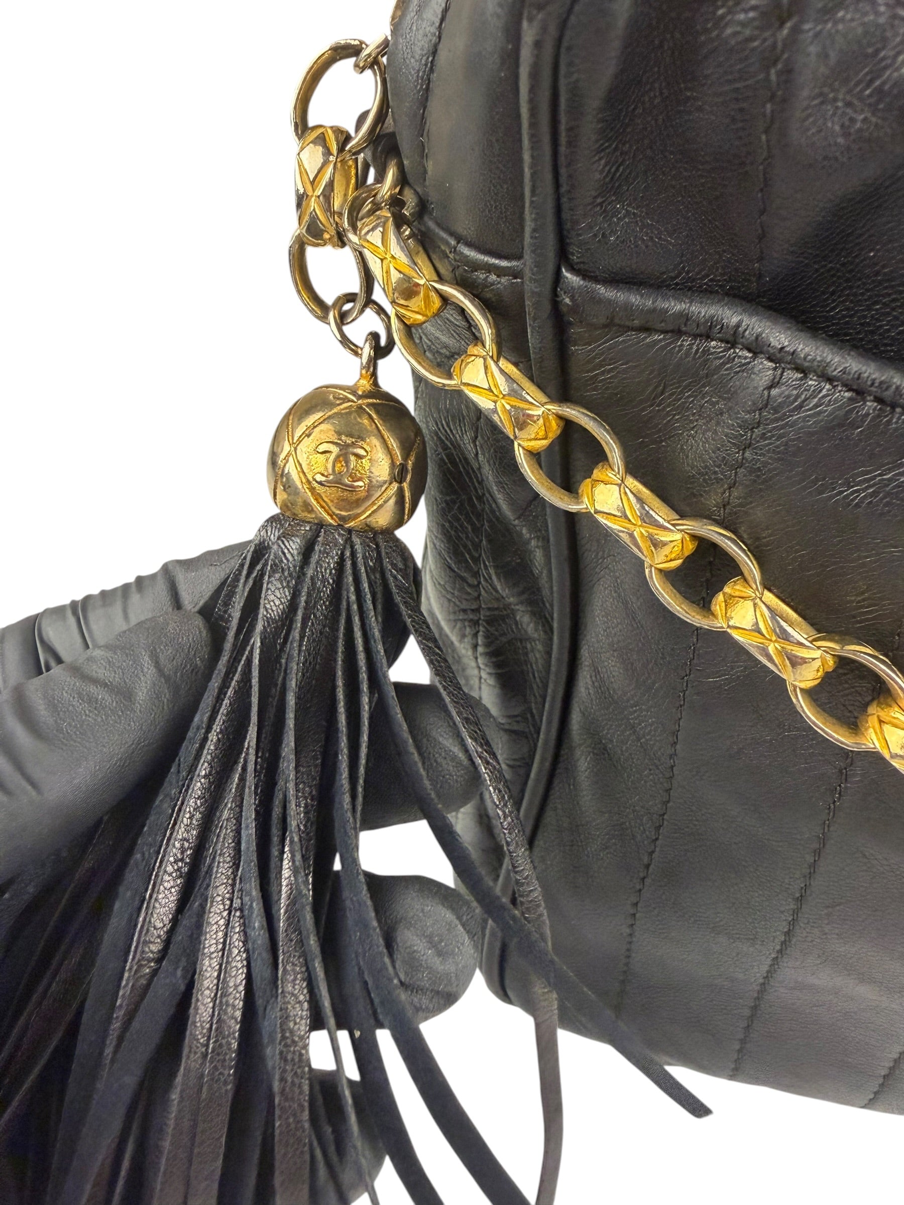 Chanel Vintage Black Leather Mademoiselle Vertical Quilted Shoulder Bag 1990's