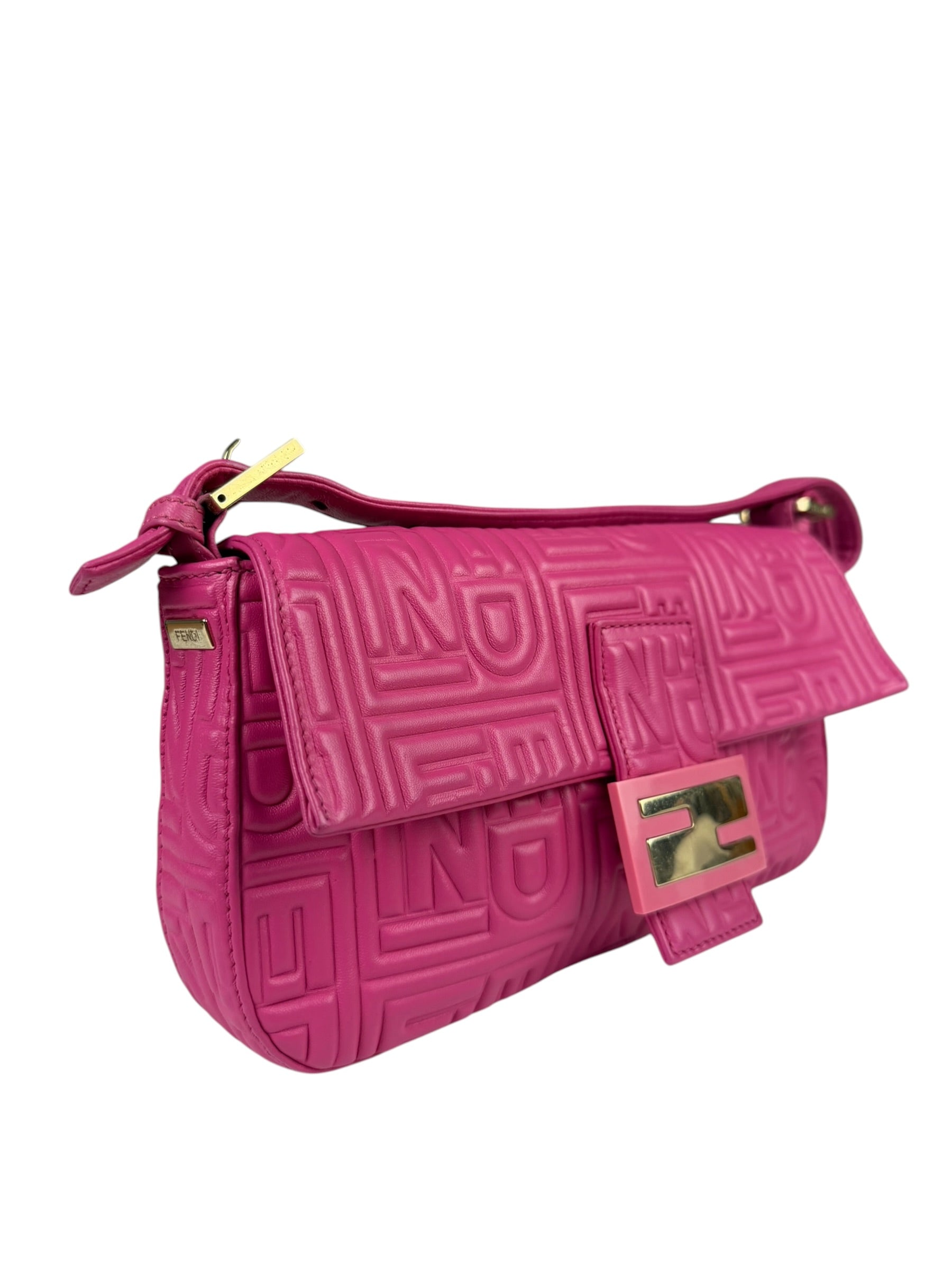 Fendi Pink Leather Logo Embossed Baguette