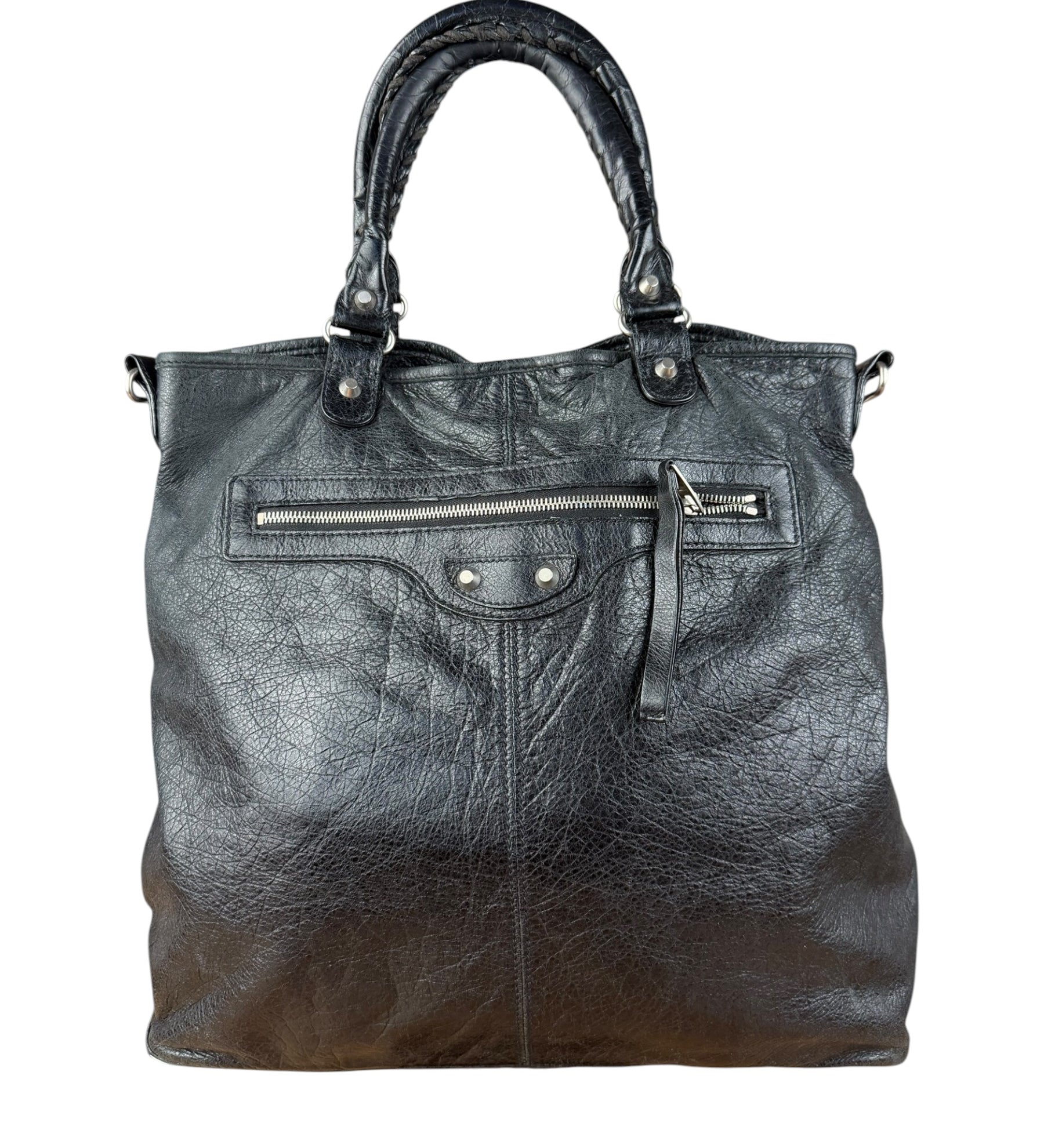 Balenciaga Vintage Black Leather Classic Square Zip Shoulder Tote Bag