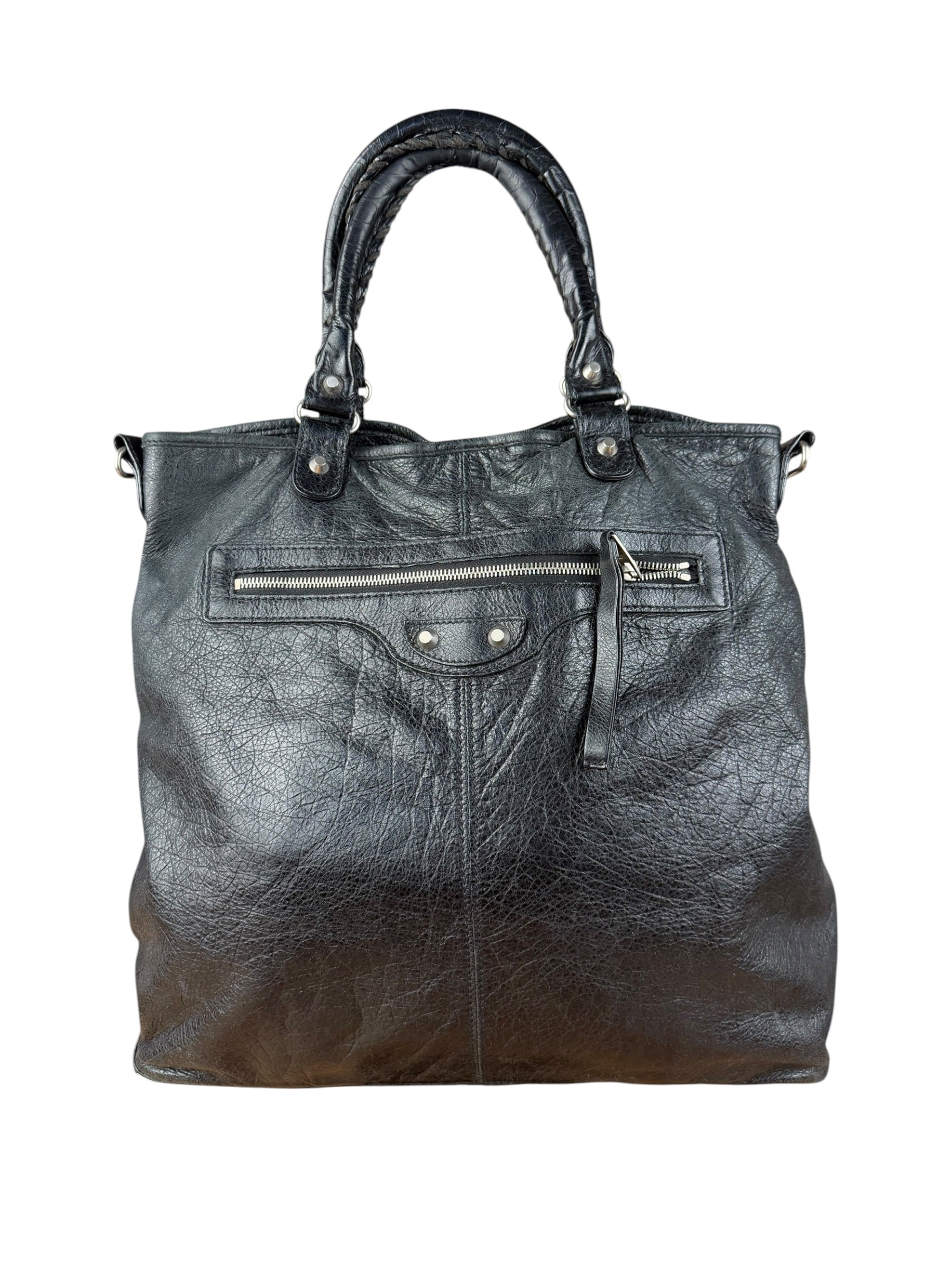 Balenciaga Vintage Black Leather Classic Square Zip Shoulder Tote Bag