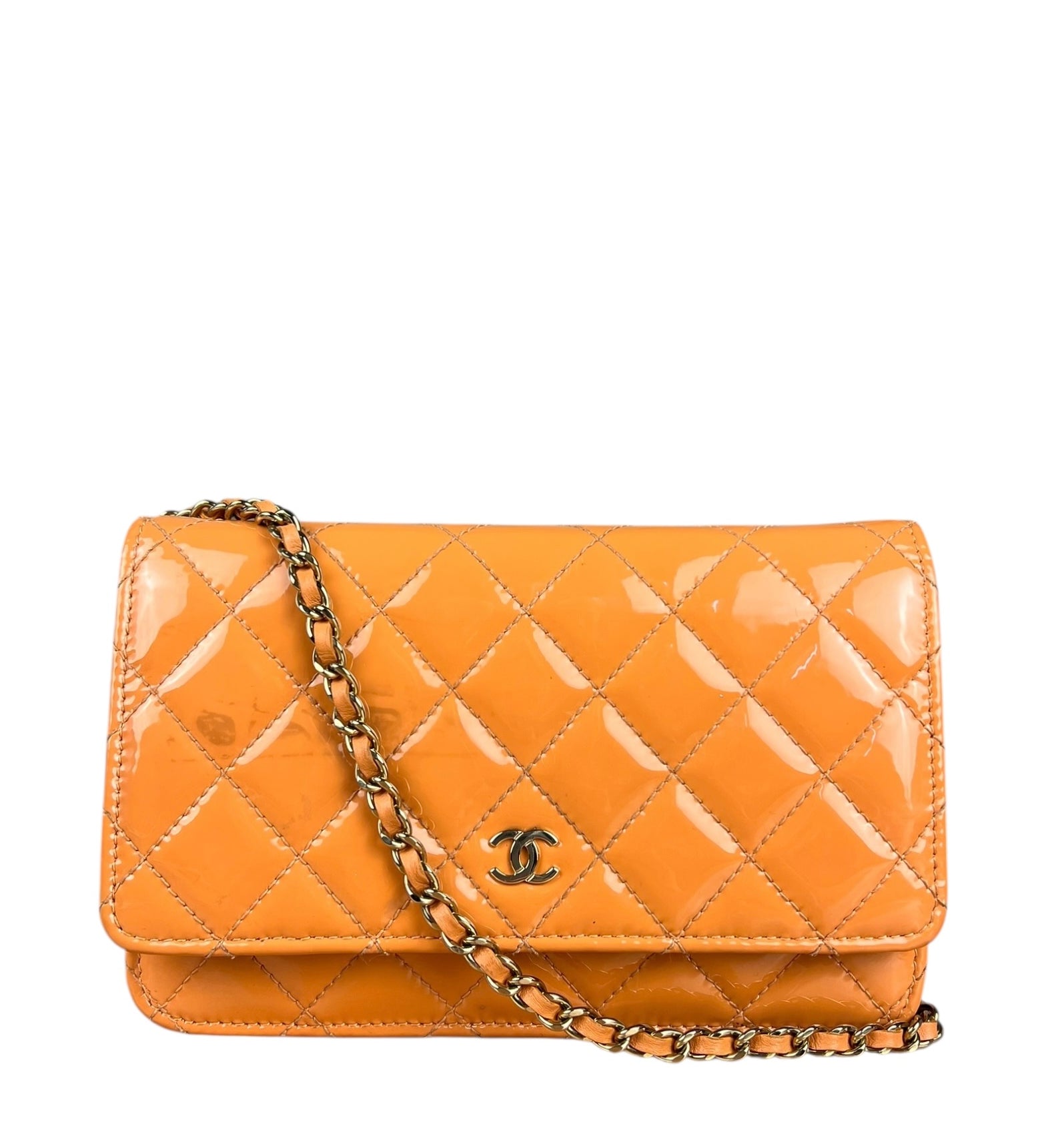 Chanel Orange Patent Leather Flap Wallet on Chain Bag