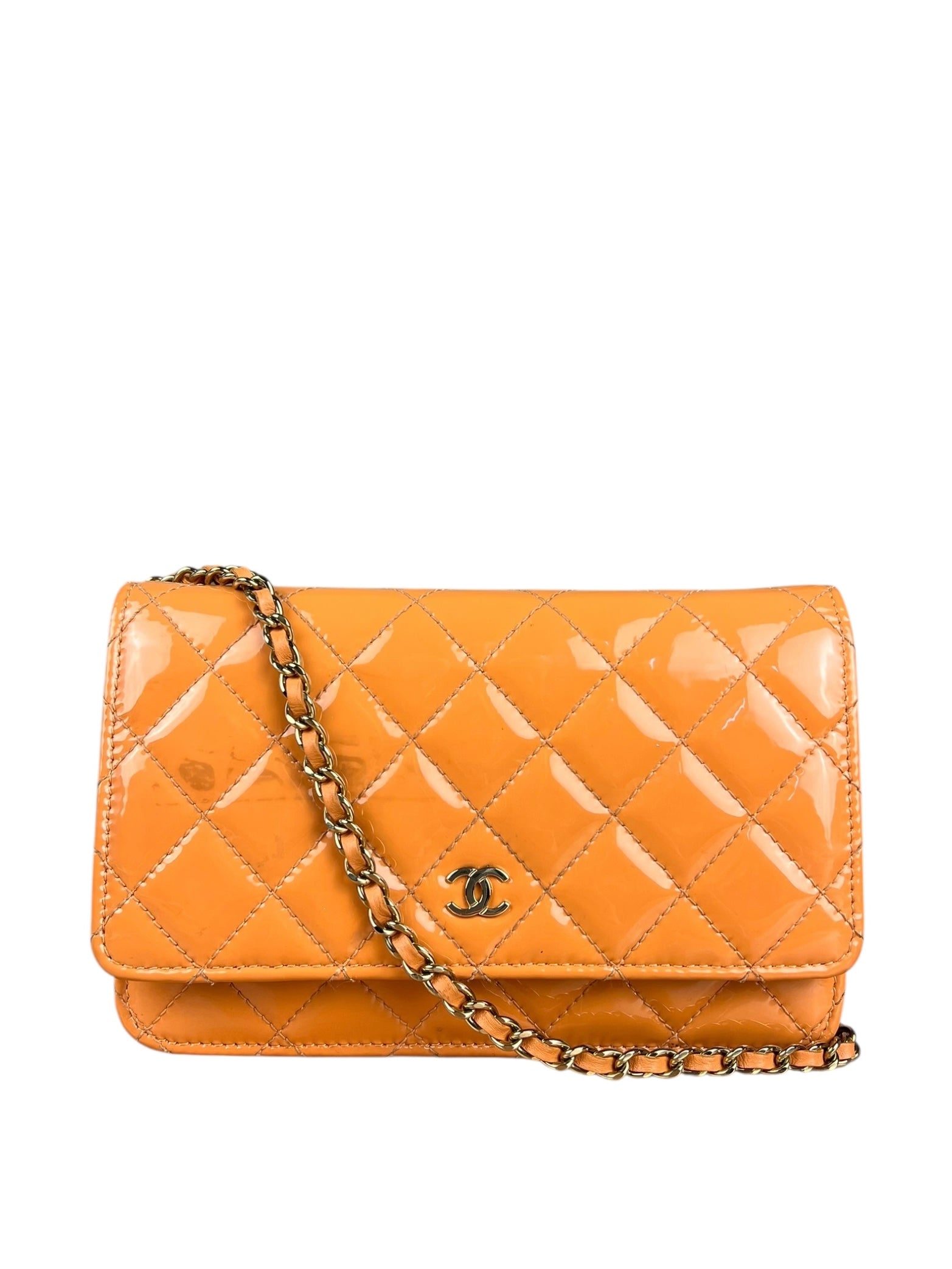Chanel Orange Patent Leather Flap Wallet on Chain Bag