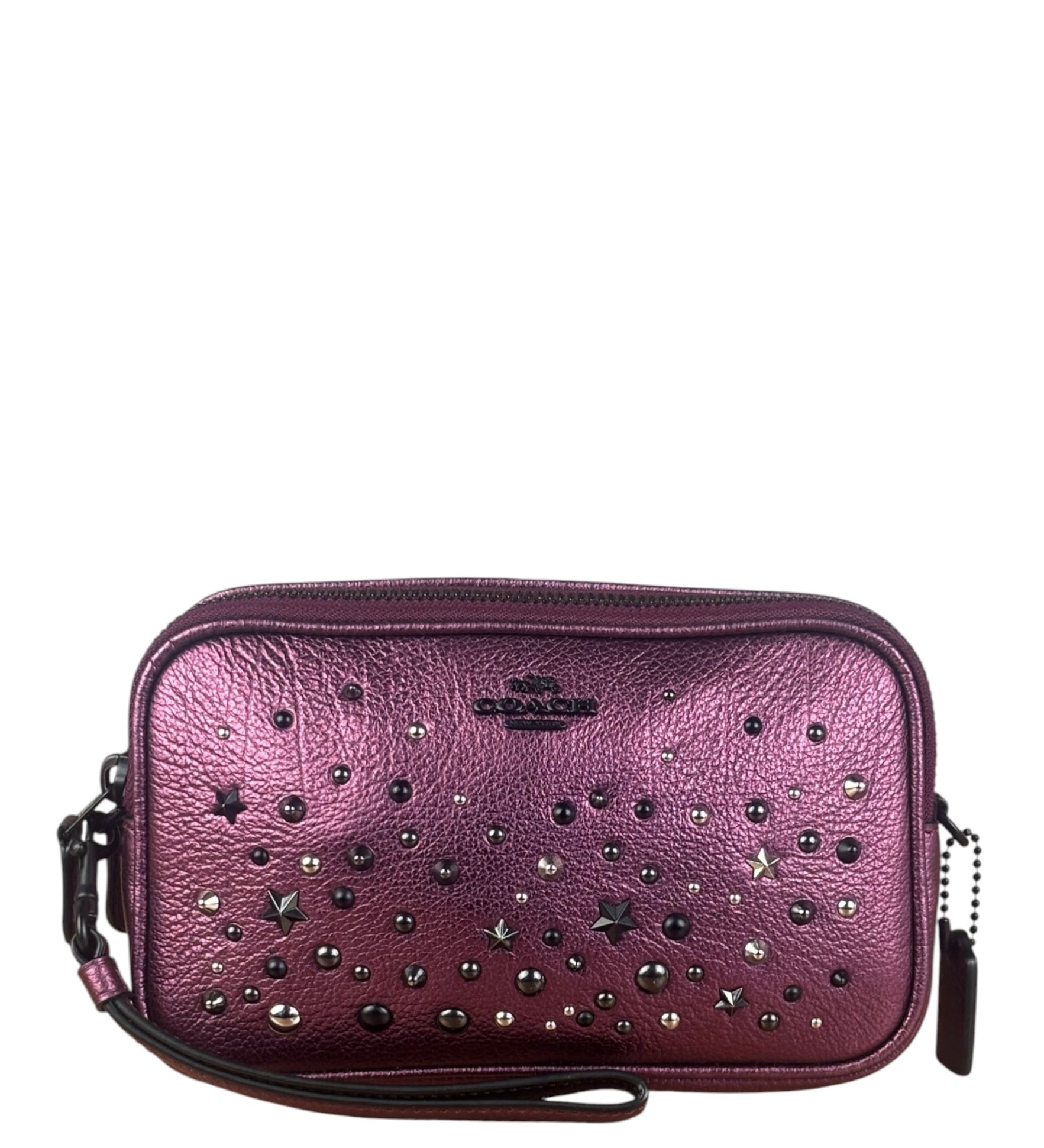Coach Purple Metallic Studded Leather Zip Pouch