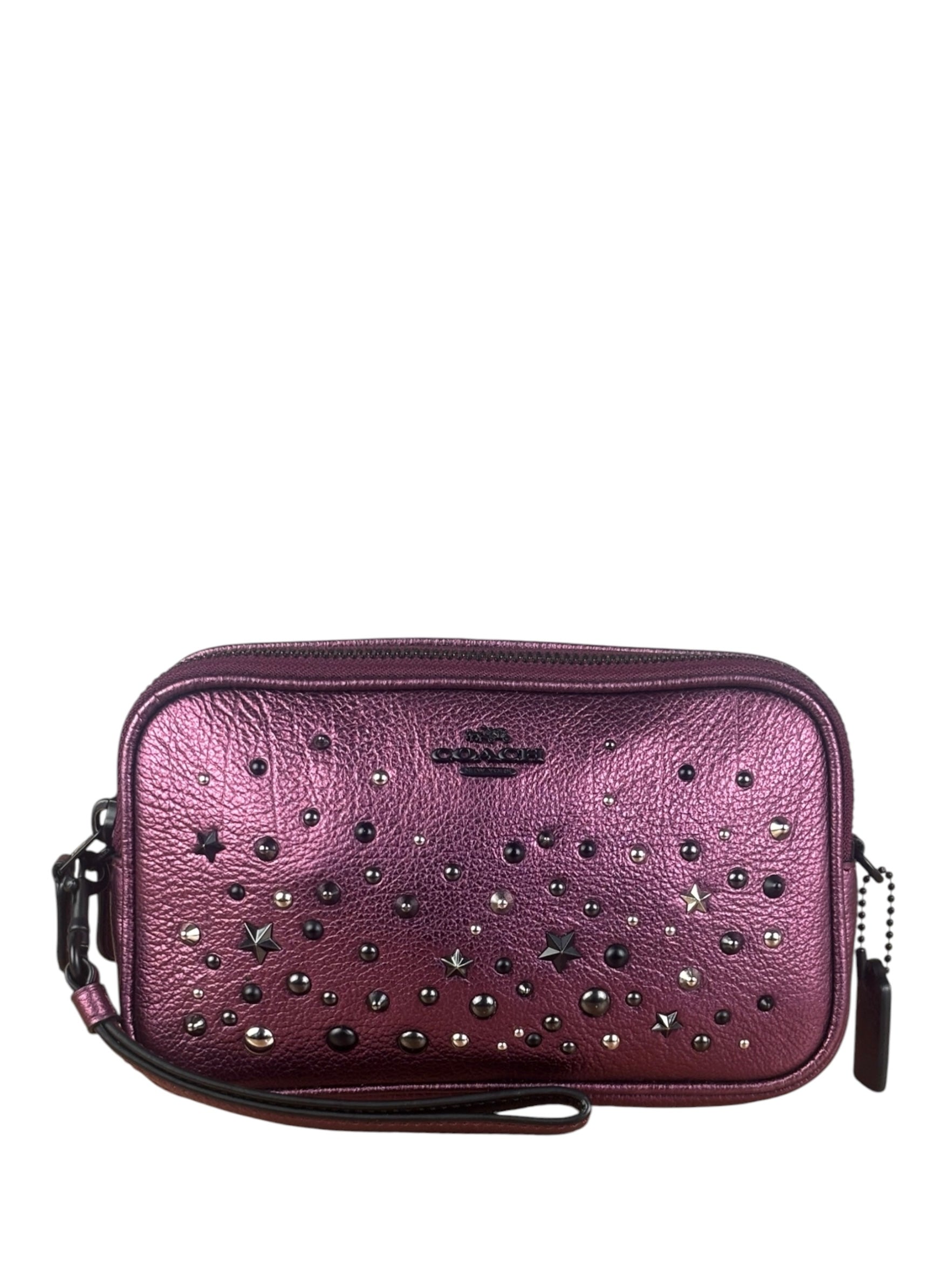 Coach Purple Metallic Studded Leather Zip Pouch