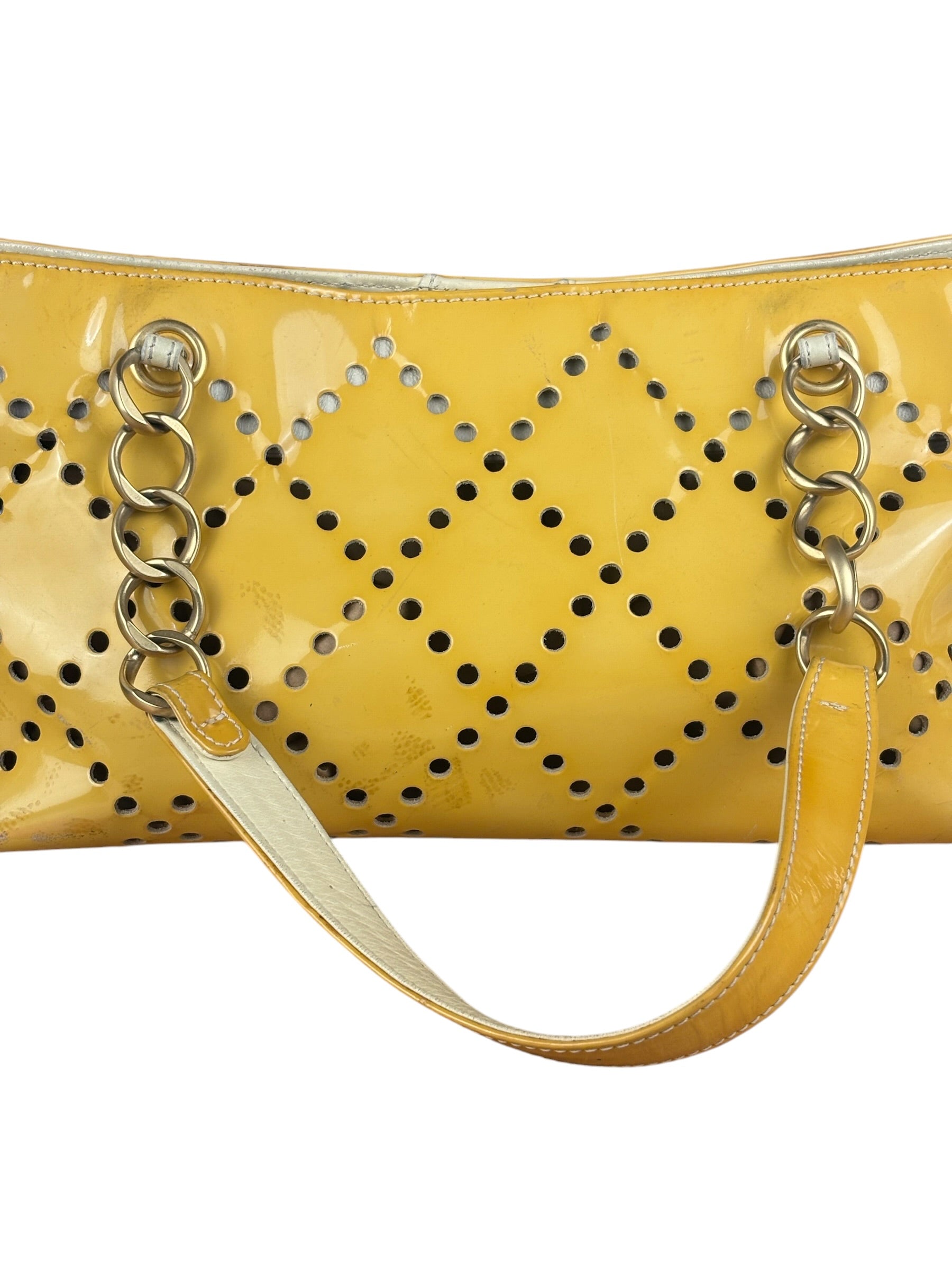 Chanel Vintage Yellow Patent Leather Perforated Tote Bag 1987