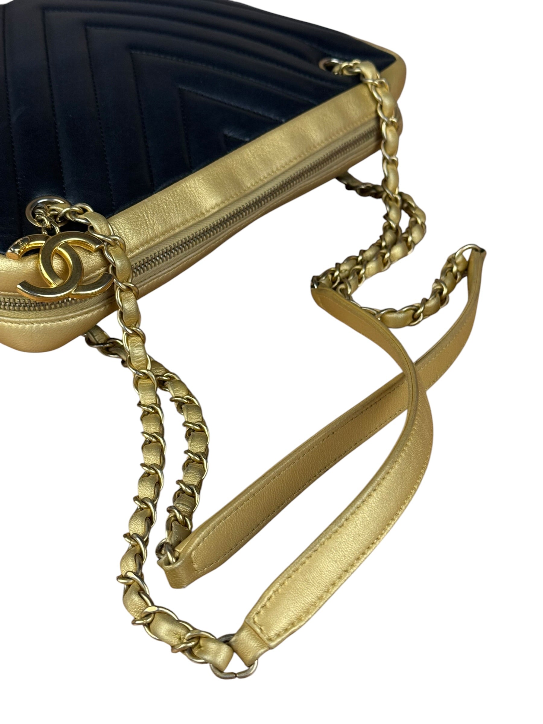 Chanel V Stitch Chevron Leather Black/Gold Chain Shoulder Bag 2014